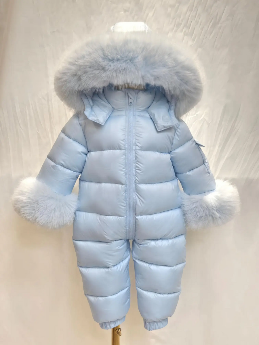 Baby Blue Detachable Fur Snowsuit - AW26 Collection, available in sizes 3/6 Months to 2/3 Years, featuring a detachable fur hood.
