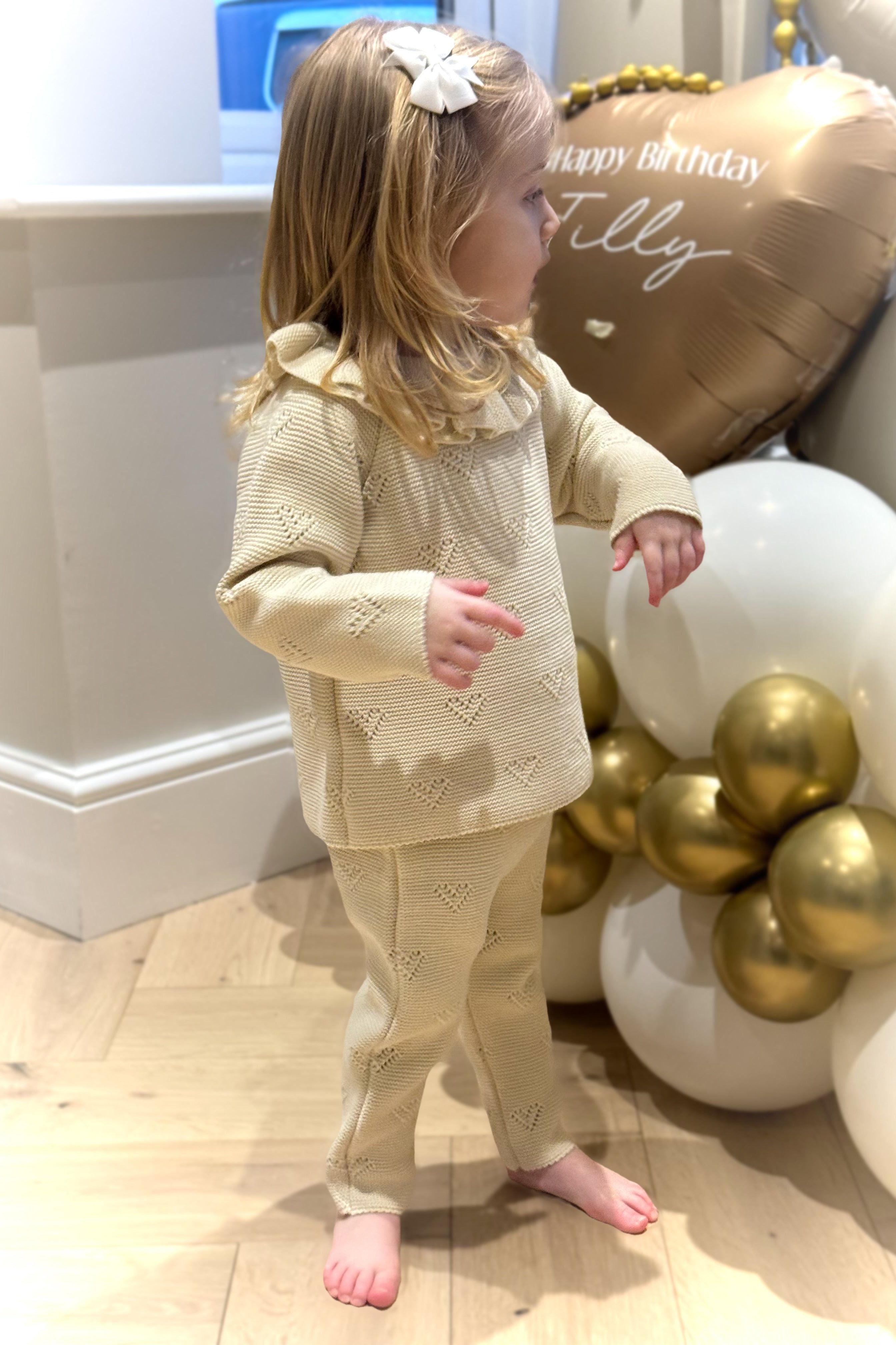 Girls Beige Heart Knitted Loungewear Set Dainty Delilah