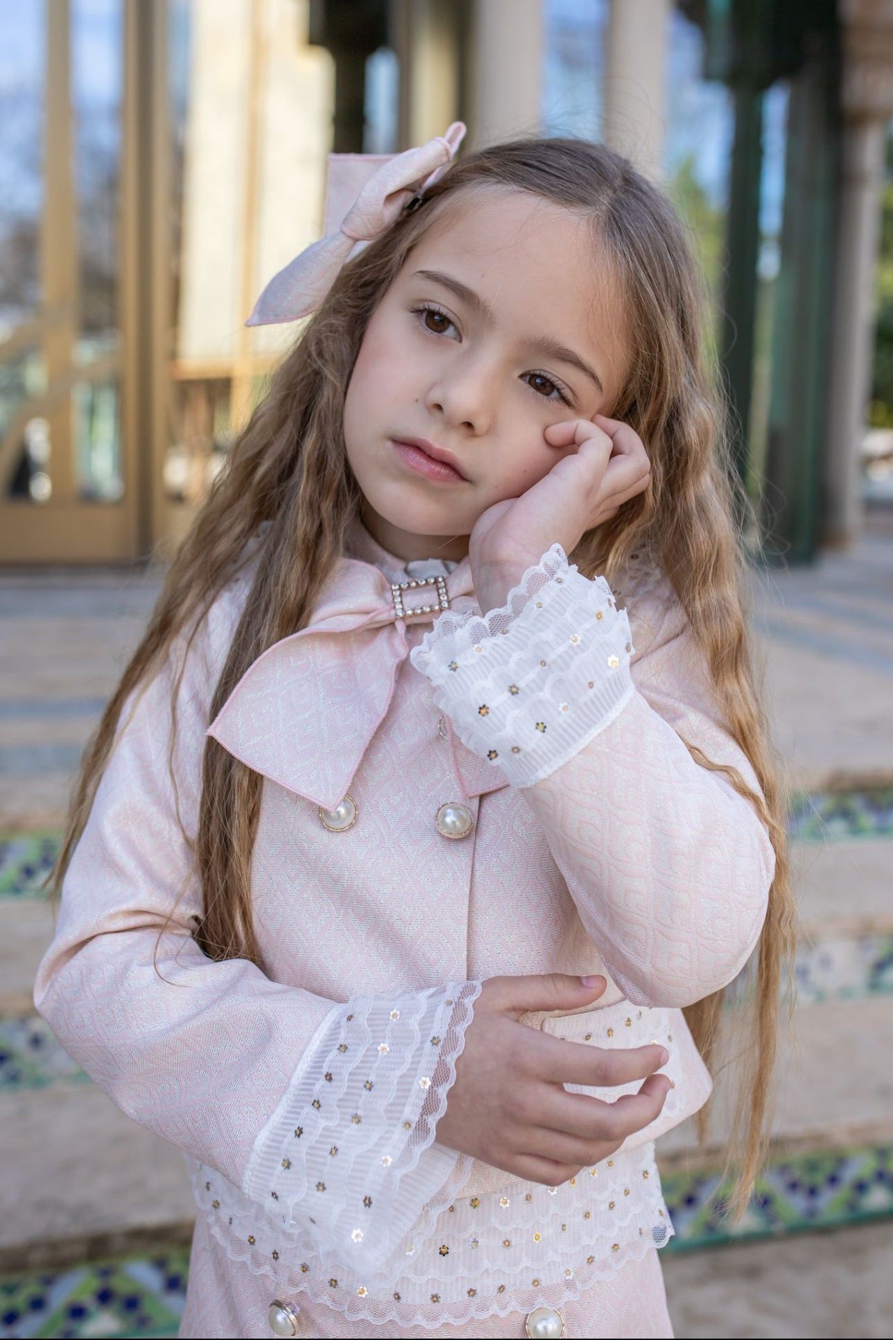 AW24 Naxos Girls Pink Damask Pearl Blazer Set