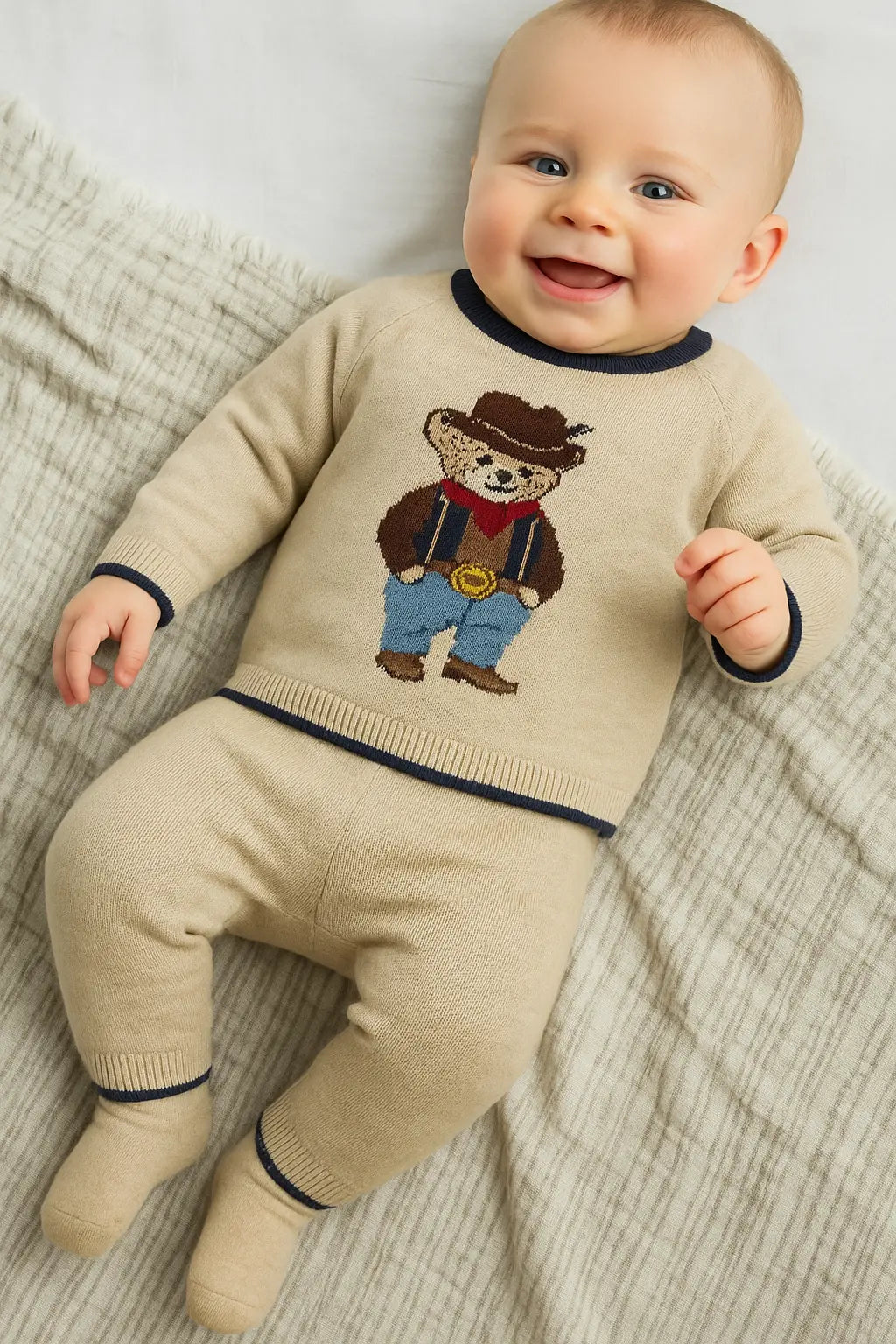 AW25 Boys Beige Teddy Bear Knitted Tracksuit Dainty Delilah