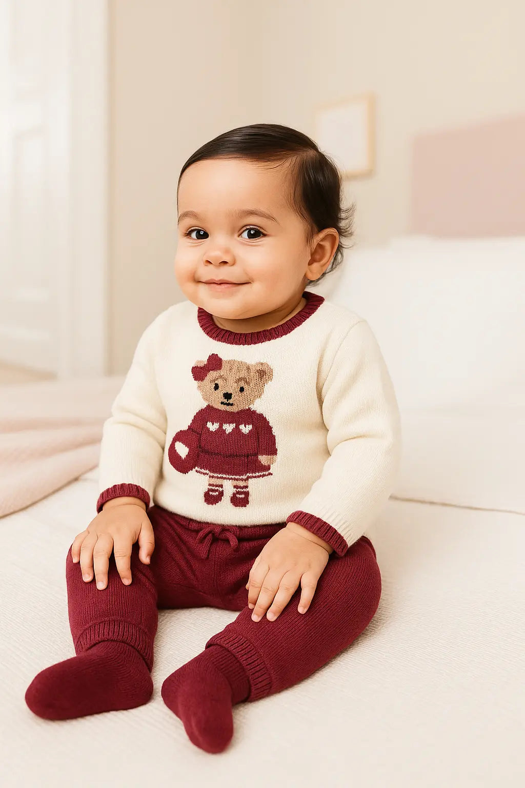 AW25 Girls Burgundy Bear Knitted Tracksuit Dainty Delilah