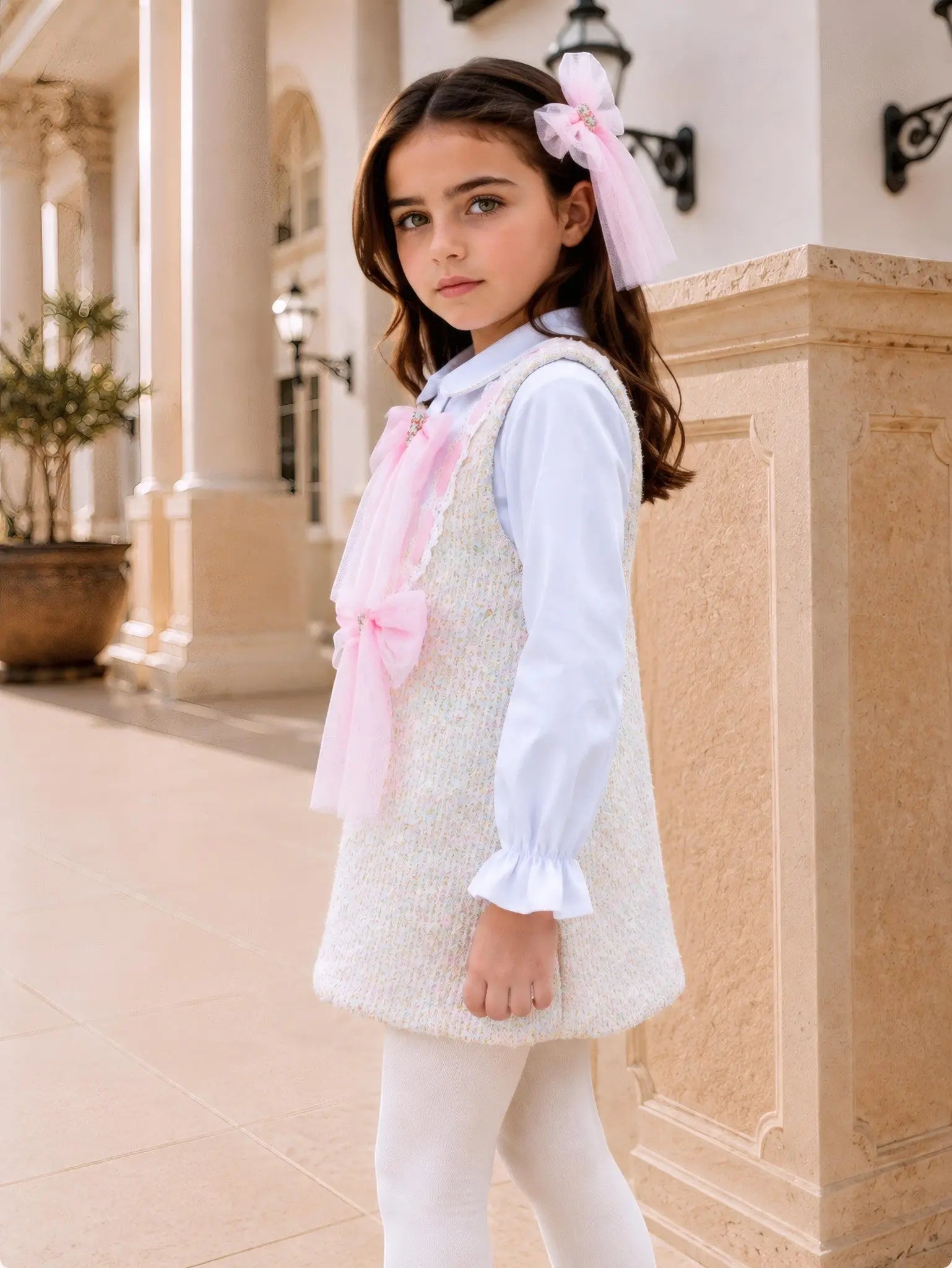 AW26 Naxos Pink Tweed Tulle Girls Shirt Pinafore Dress Naxos
