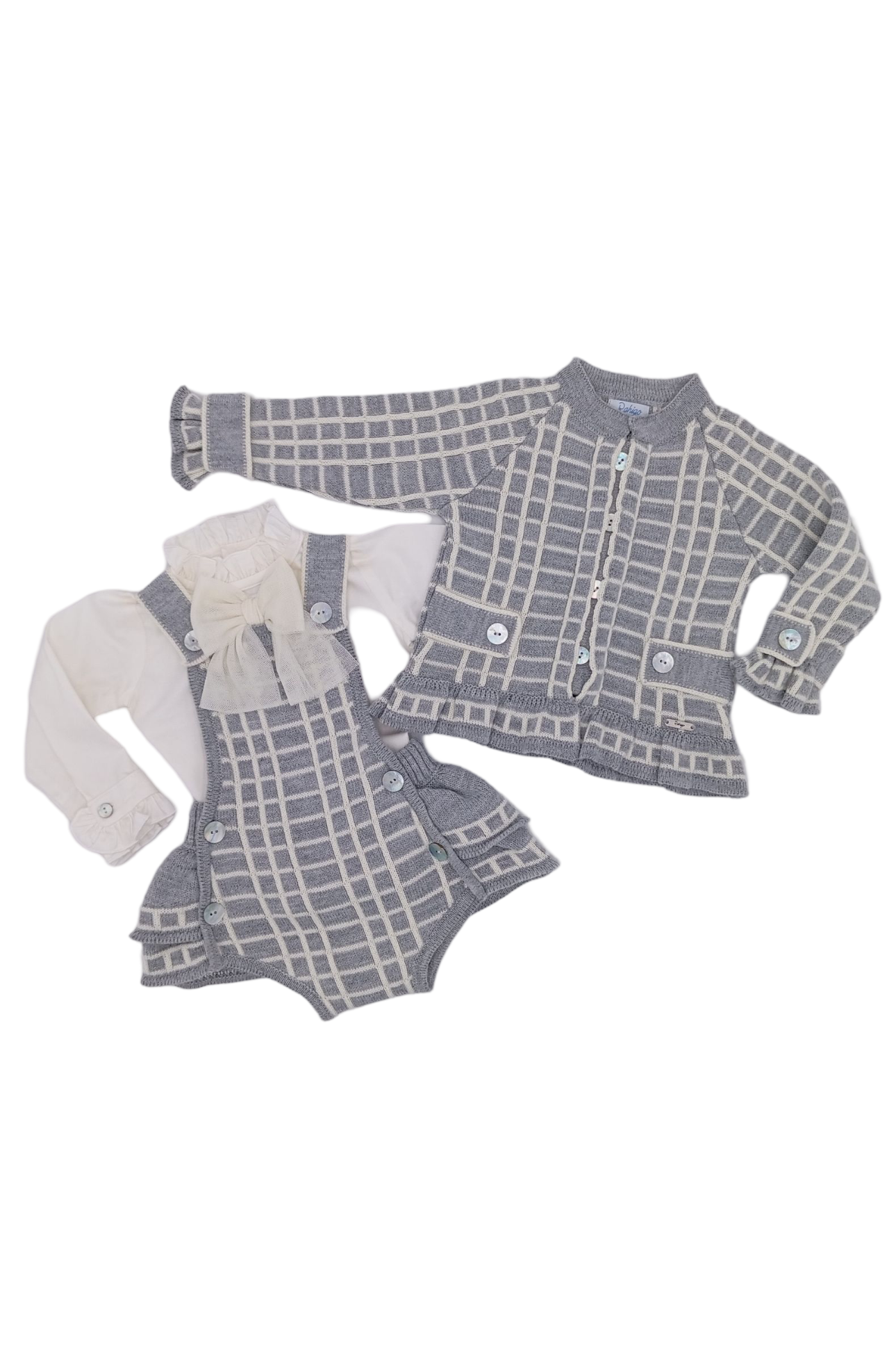 AW24 Rahigo Baby Girls Grey Romper, Shirt & Cardigan Set