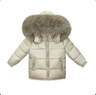 Beige puffer winter jacket with detachable faux fur hood and zippered pockets