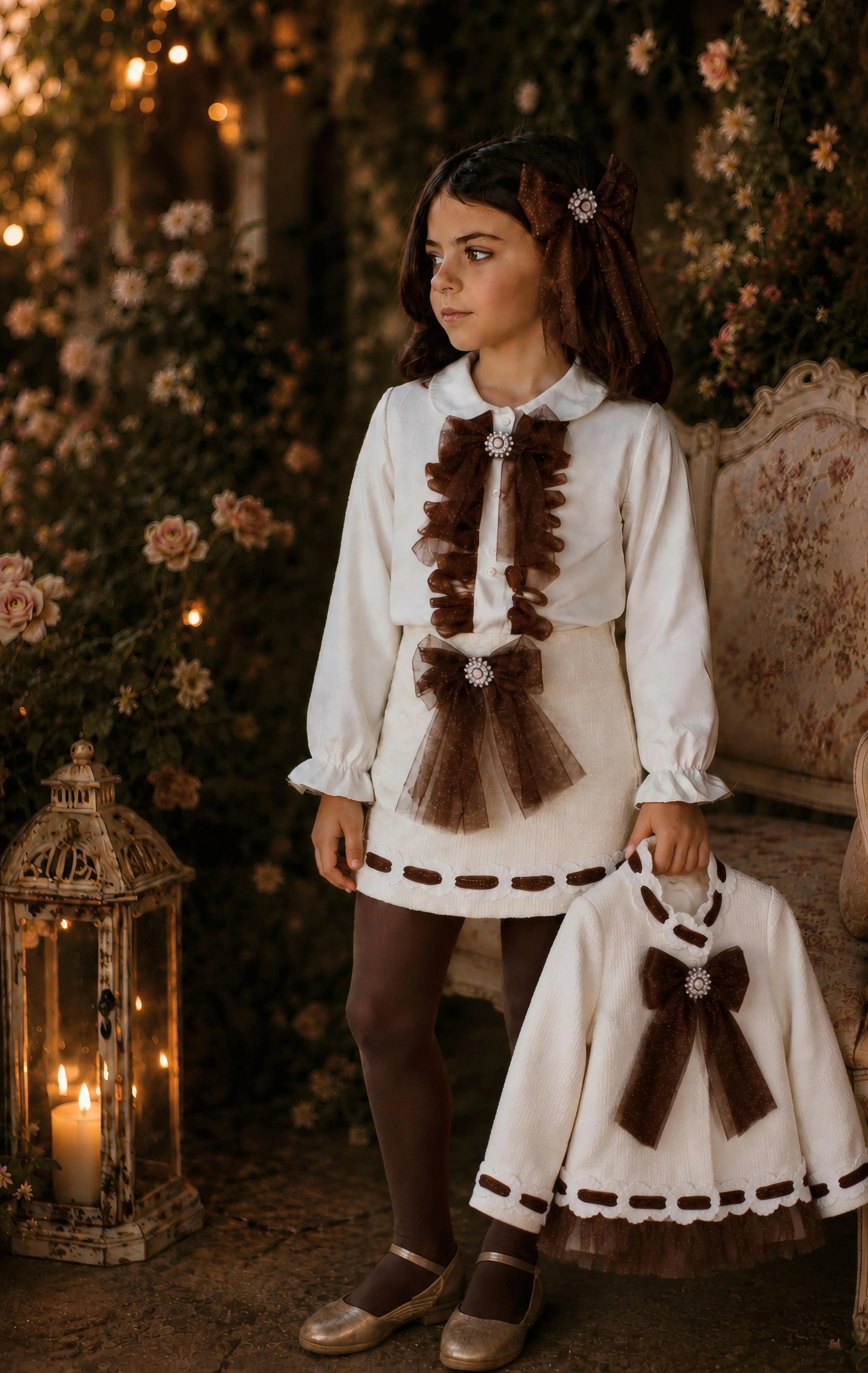 AW26 Naxos Chocolate Glitter Tulle Girls Blazer, Shirt & Skirt Set Naxos