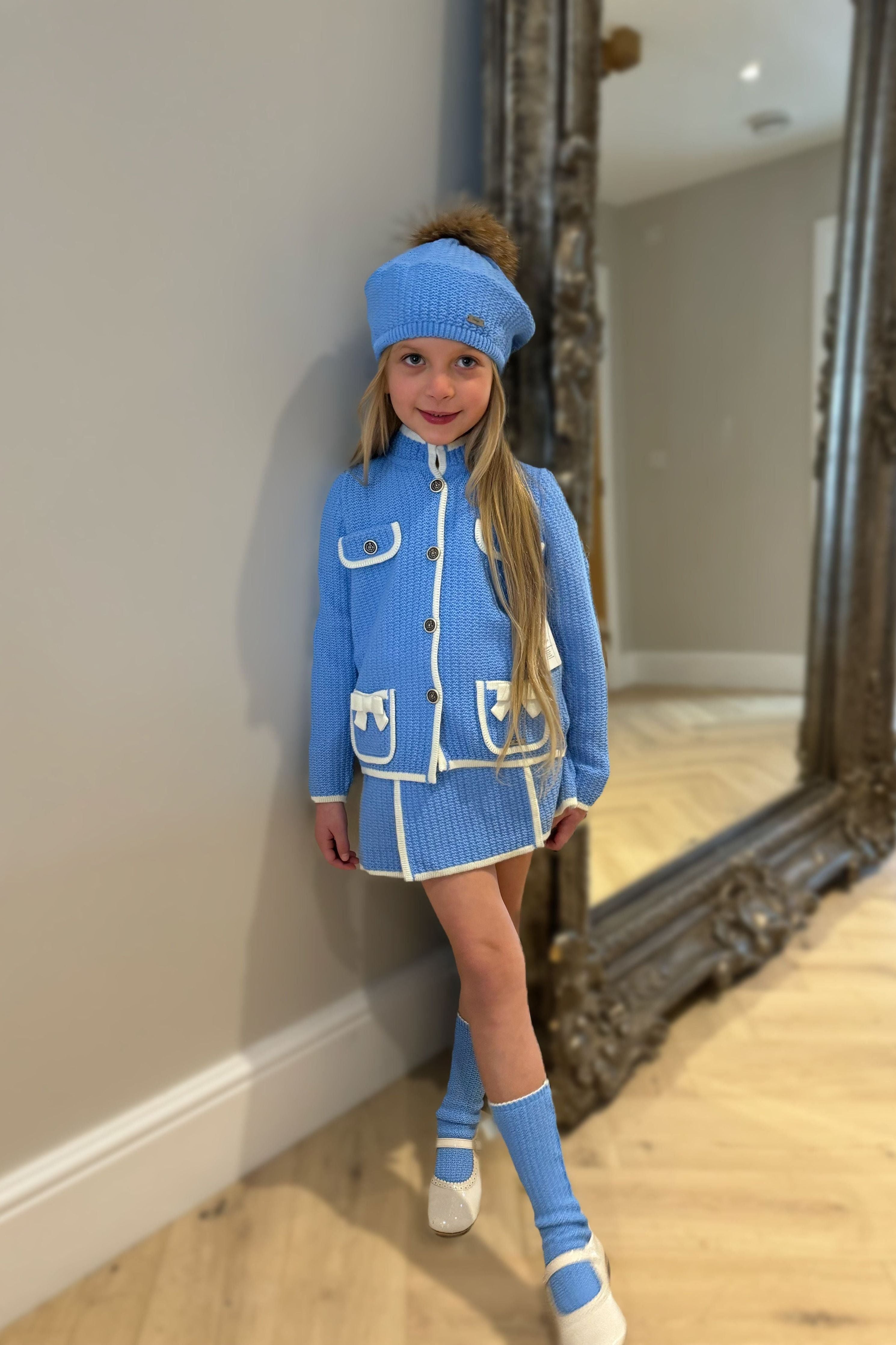 AW24 Rahigo Blue & Cream Girls Set, Socks & Beret Hat