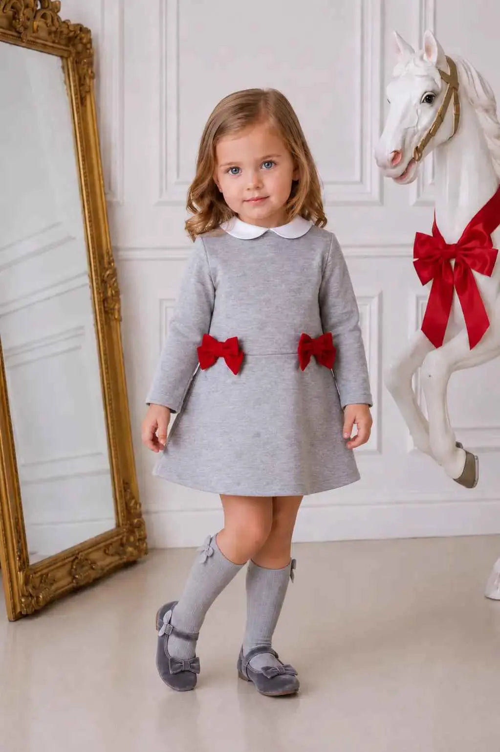AW26 Miranda Baby Girls Grey Dress with Red Bows