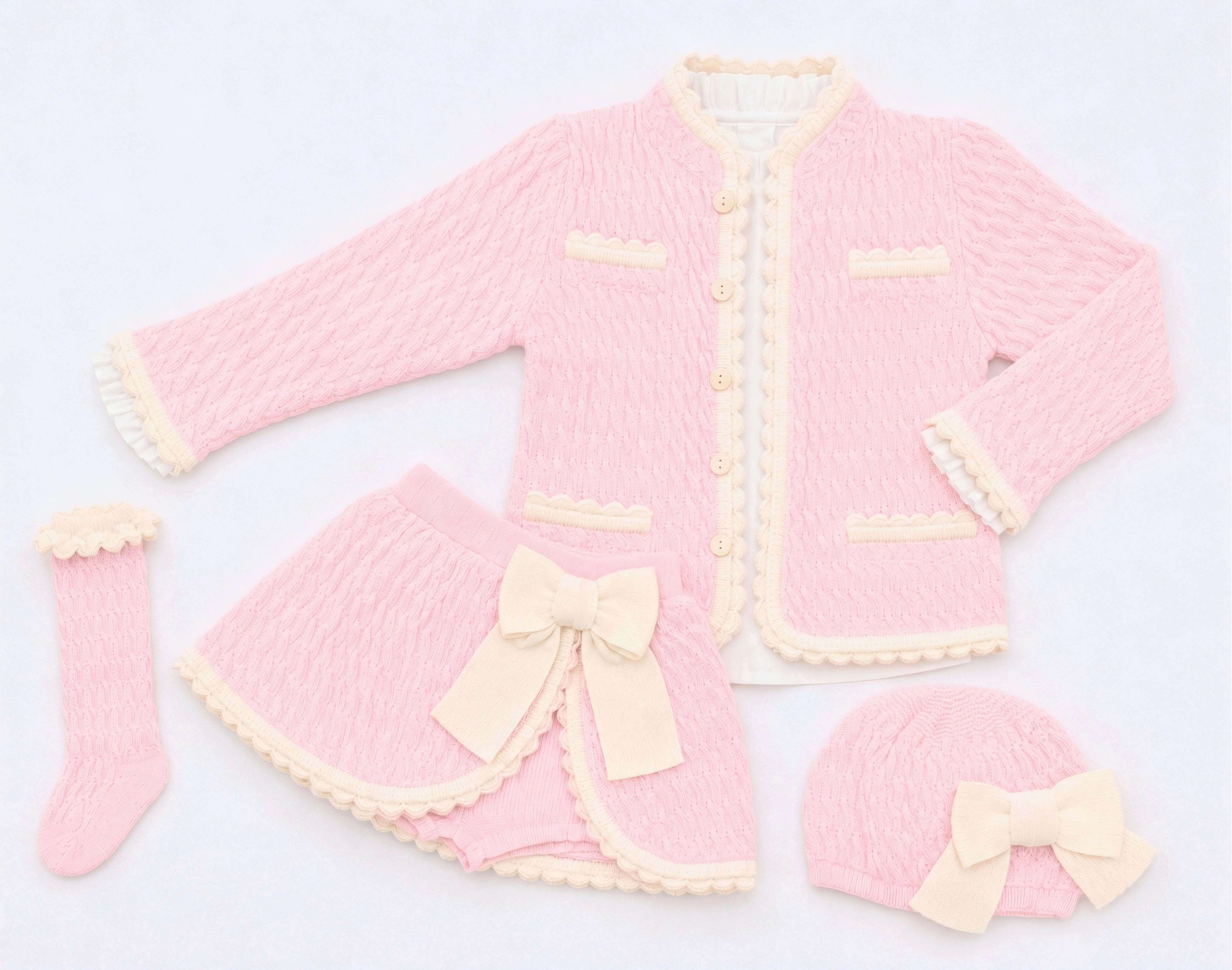 Rahigo AW26 Baby Pink & Cream Knit Skirt Set with Cardigan, Beret & Socks Rahigo Moda Infantil