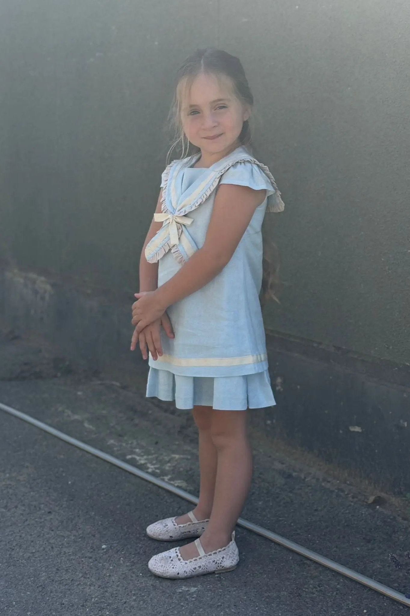 Exclusive Girls Baby Blue Linen Sailor A Line Dress Basmarti