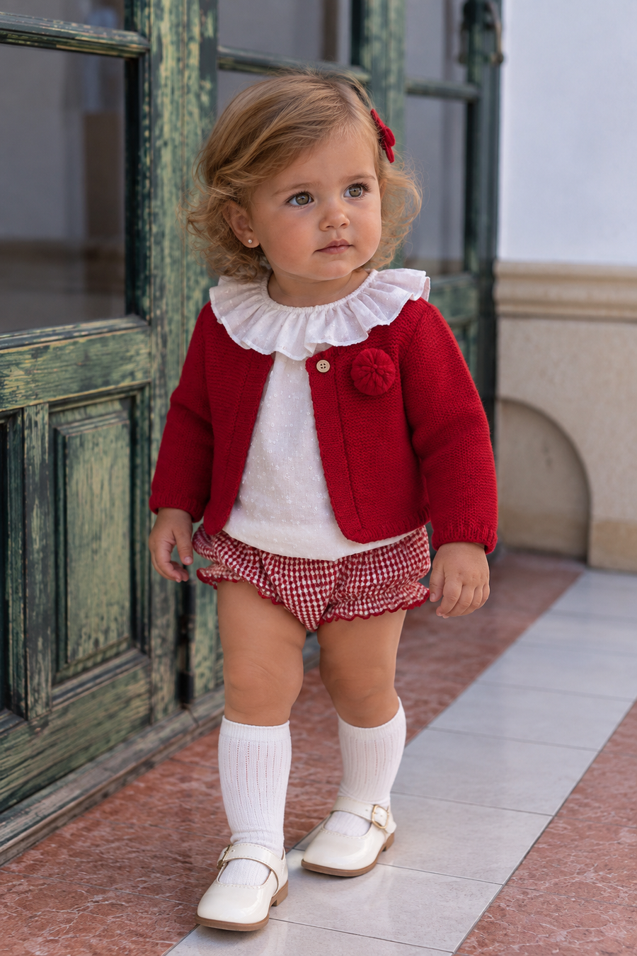 AW26 Lor Miral Baby Girls Red Gingham Set With Cardigan - Available in sizes 3 Months, 6 Months, 12 Months, 18 Months, 24 Months.