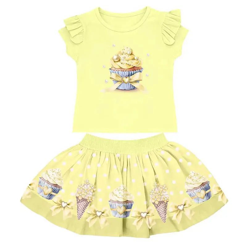 SS26 Girls Lemon Cupcake T-Shirt & Skirt Set Dainty Delilah