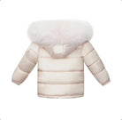 Back view of a light beige puffer winter jacket with a large fluffy white fur hood