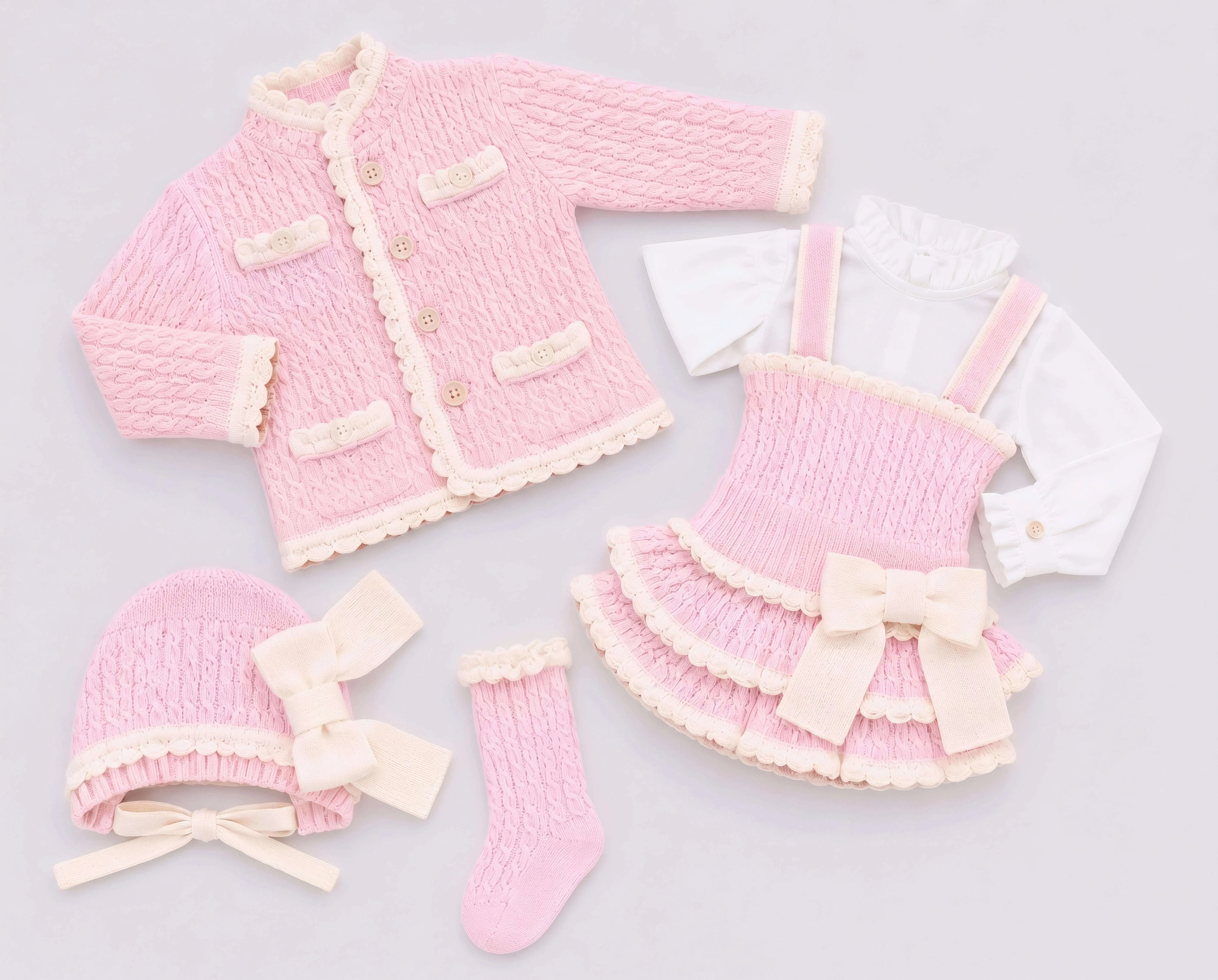 AW26 Rahigo Baby Girls Pink & Cream Cardigan,Pinafore,Shirt,Bonnet & Socks Rahigo Moda Infantil