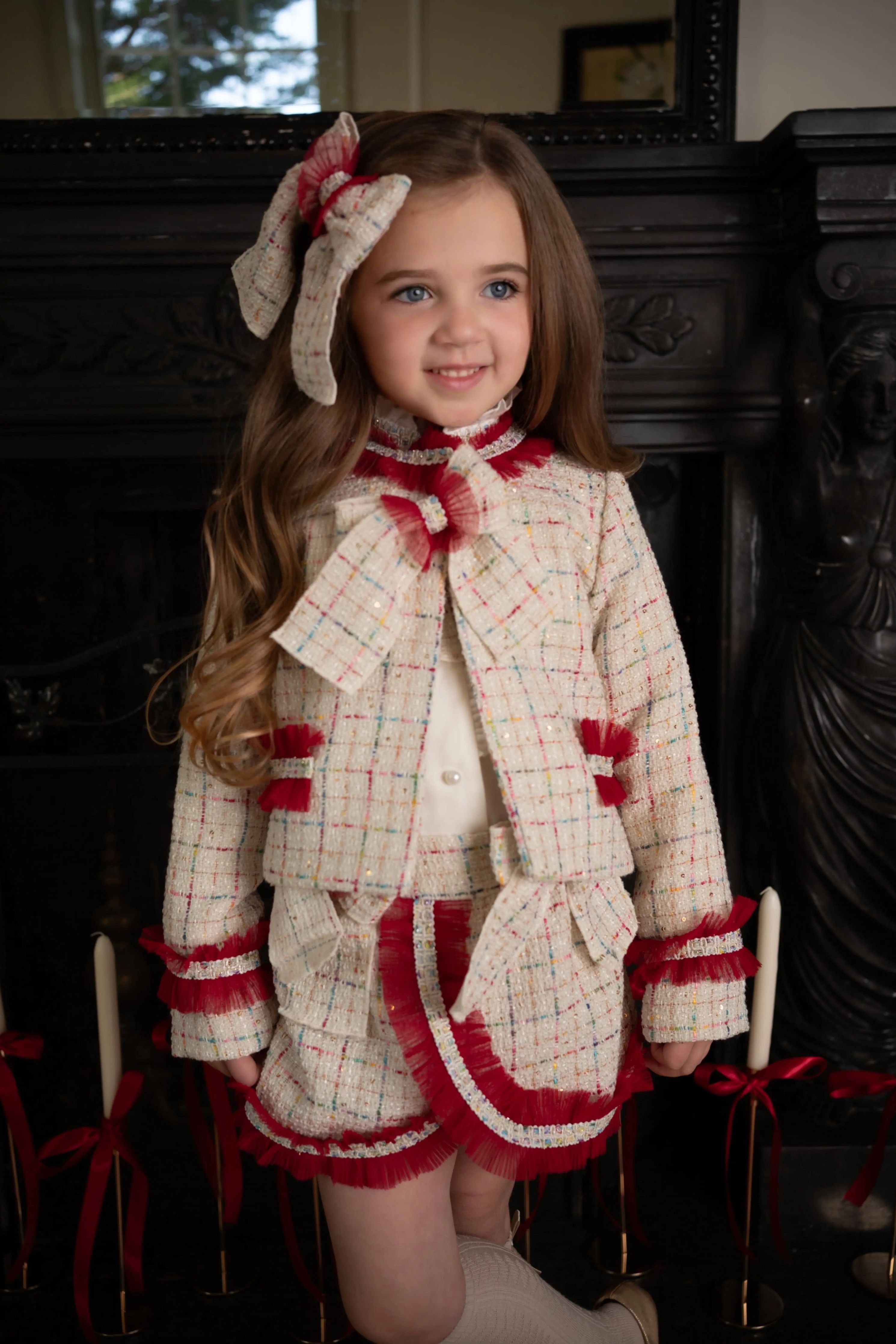 AW25 Naxos Girls Multi Tweed Blazer & Pinafore Skort Set Naxos