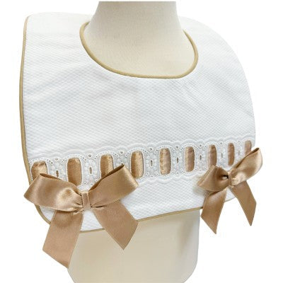 White / Beige Spanish Pique Ribbon Bib Dainty Delilah