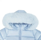 Light blue winter jacket with quilted design and detachable fluffy fur hood