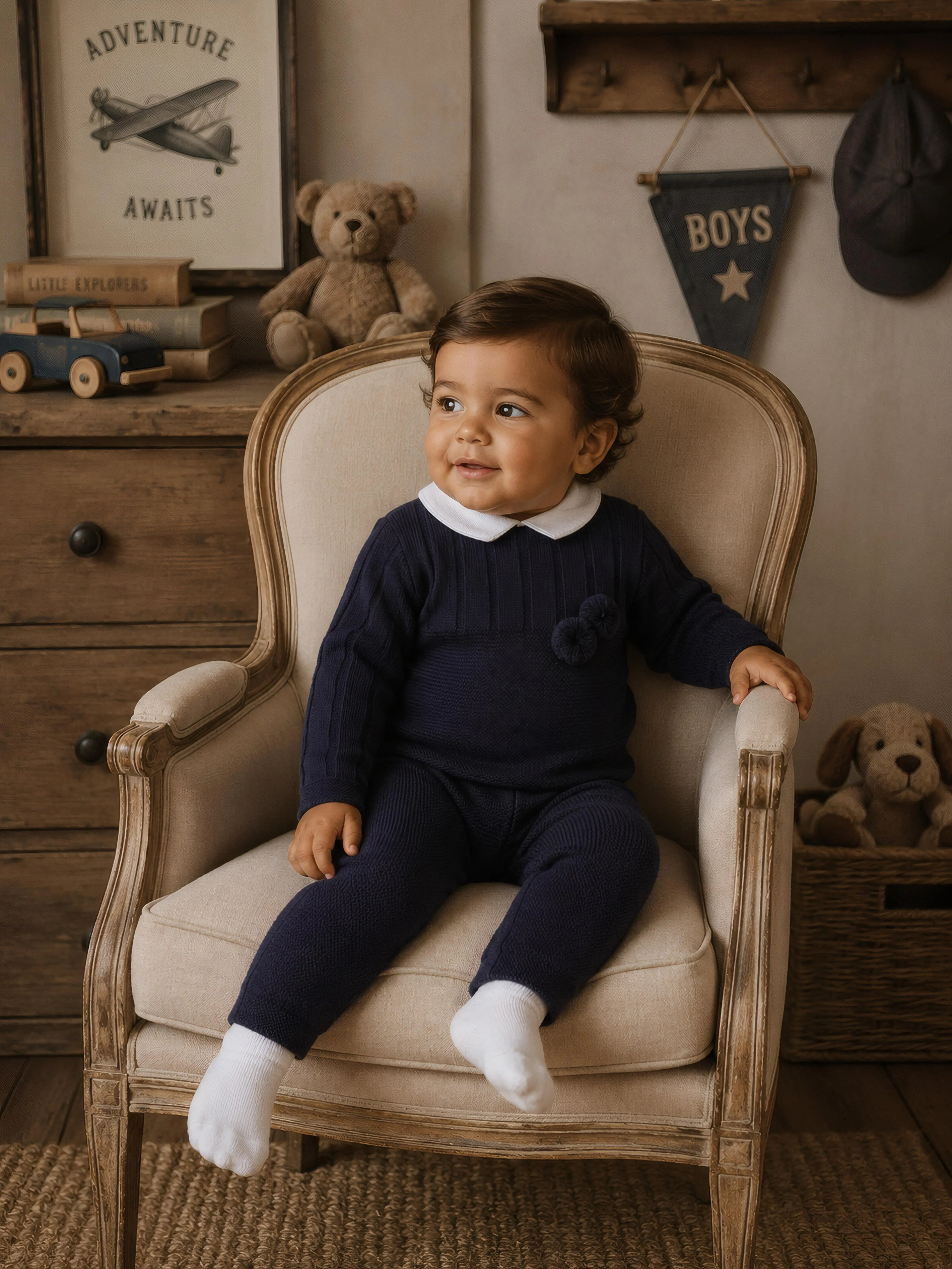 AW26 Baby Boy Navy Knitted Tracksuit with Pom Pom Detail Dainty Delilah