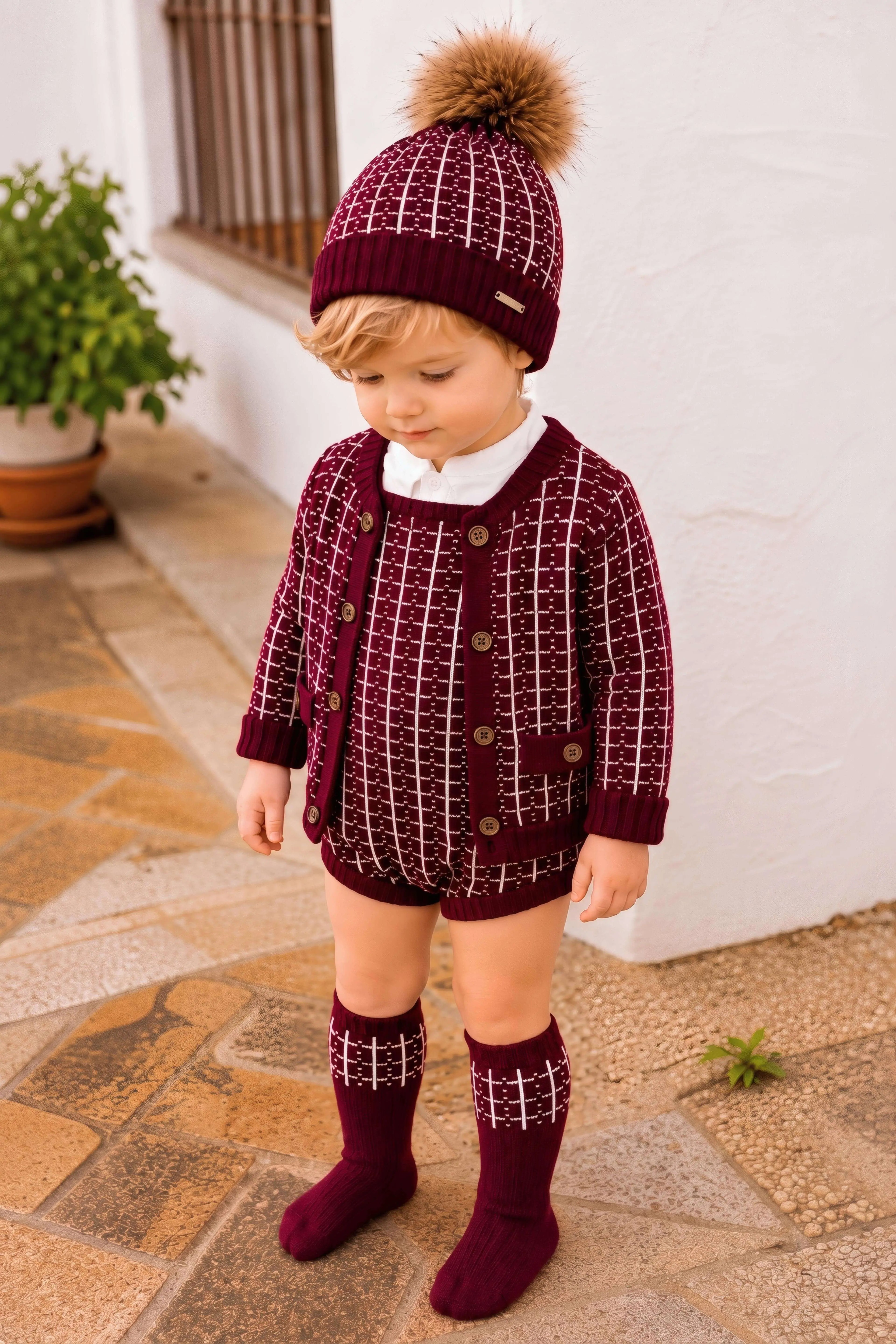 AW26 Rahigo Baby Boys Burgundy Knitted Romper 5P Set Rahigo Moda Infantil