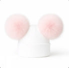 White knit beanie hat with two large fluffy pink pom-poms on top