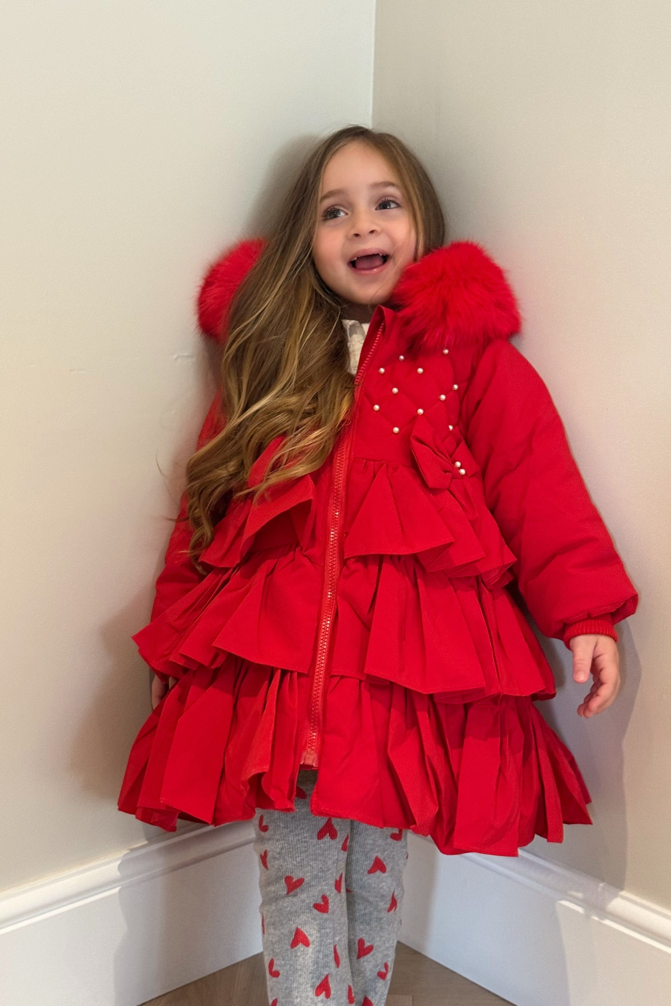 Girls Red Pearl Christmas Frilly Coat