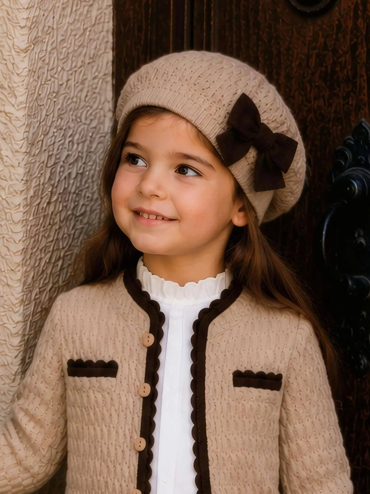 Rahigo AW26 Camel & Brown Knit Skirt Set with Cardigan, Beret & Socks. Available in sizes 4 Years, 5 Years, 6 Years, 8 Years, 10 Years, 12 Years.