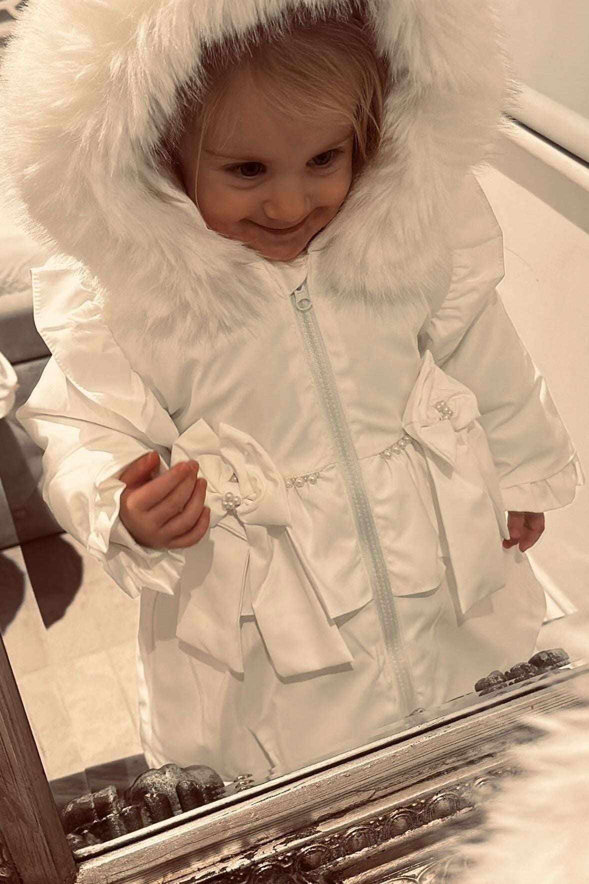 Girls White Pearl  Frilly Coat