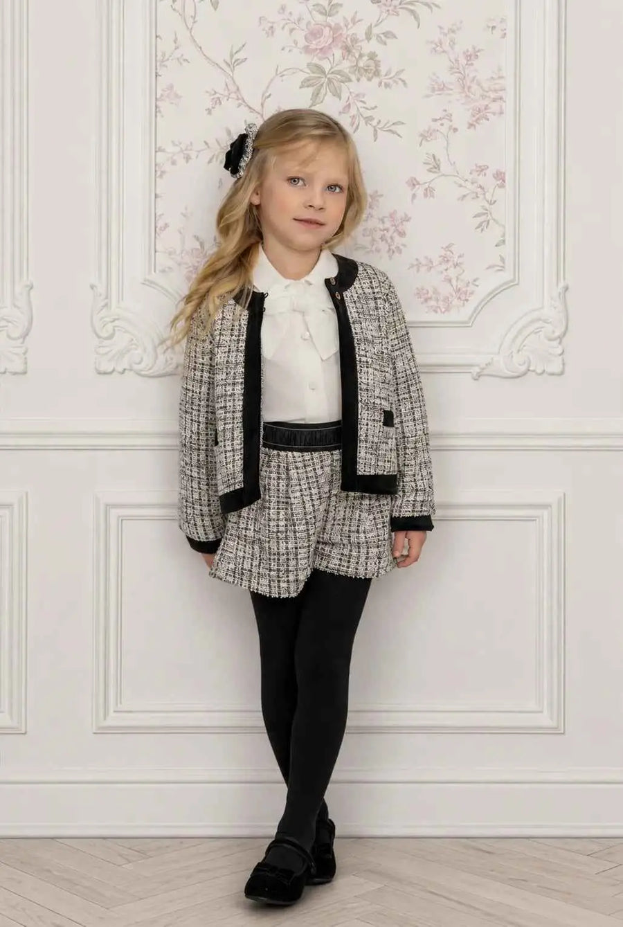 AW26 Miranda Girls Black Tweed Blazer Short Set featuring a black blazer and ivory top, available in sizes 4-12 years.