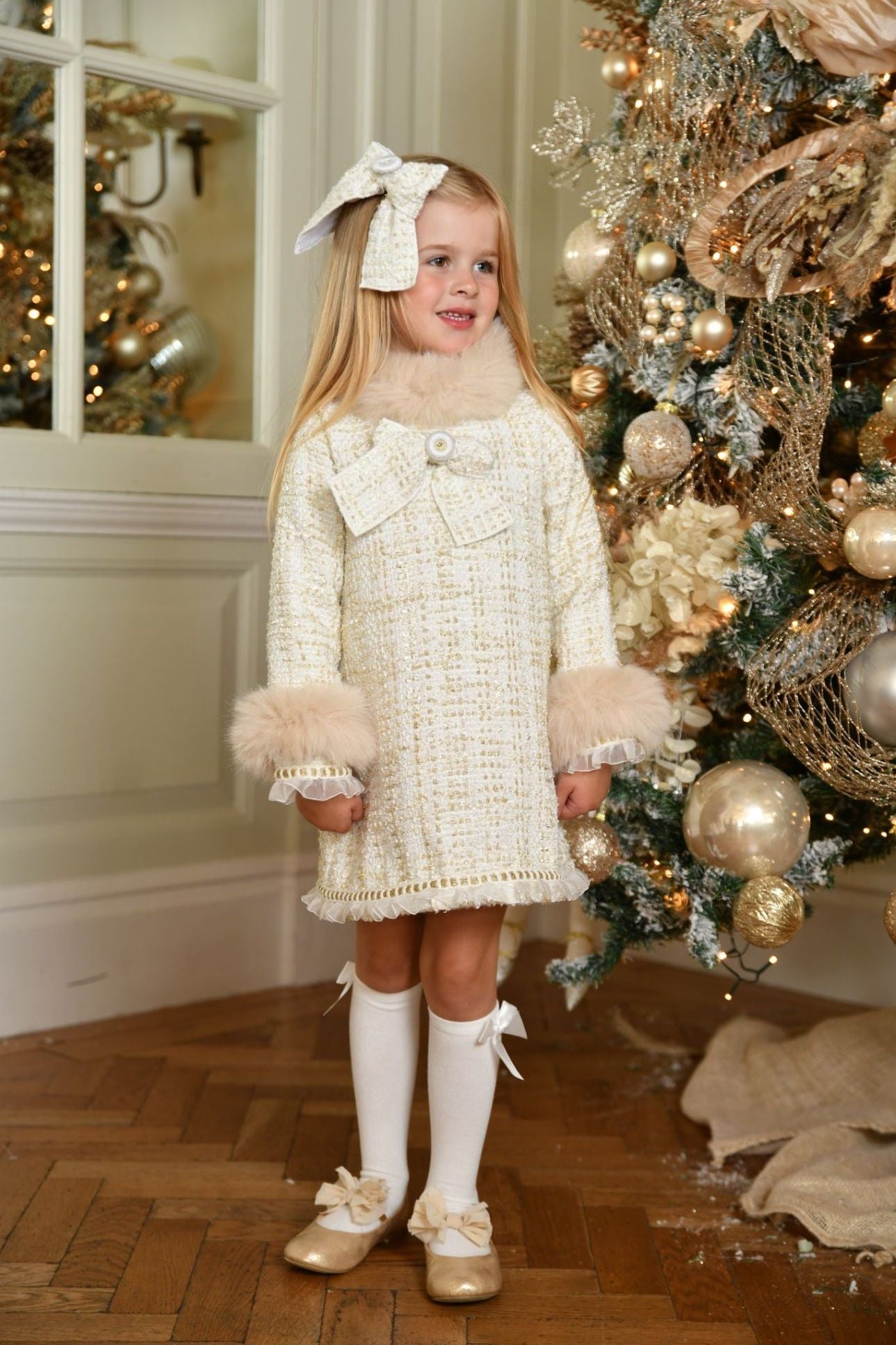 AW24 Naxos Girls Cream Chanel Tweed Fur Dress