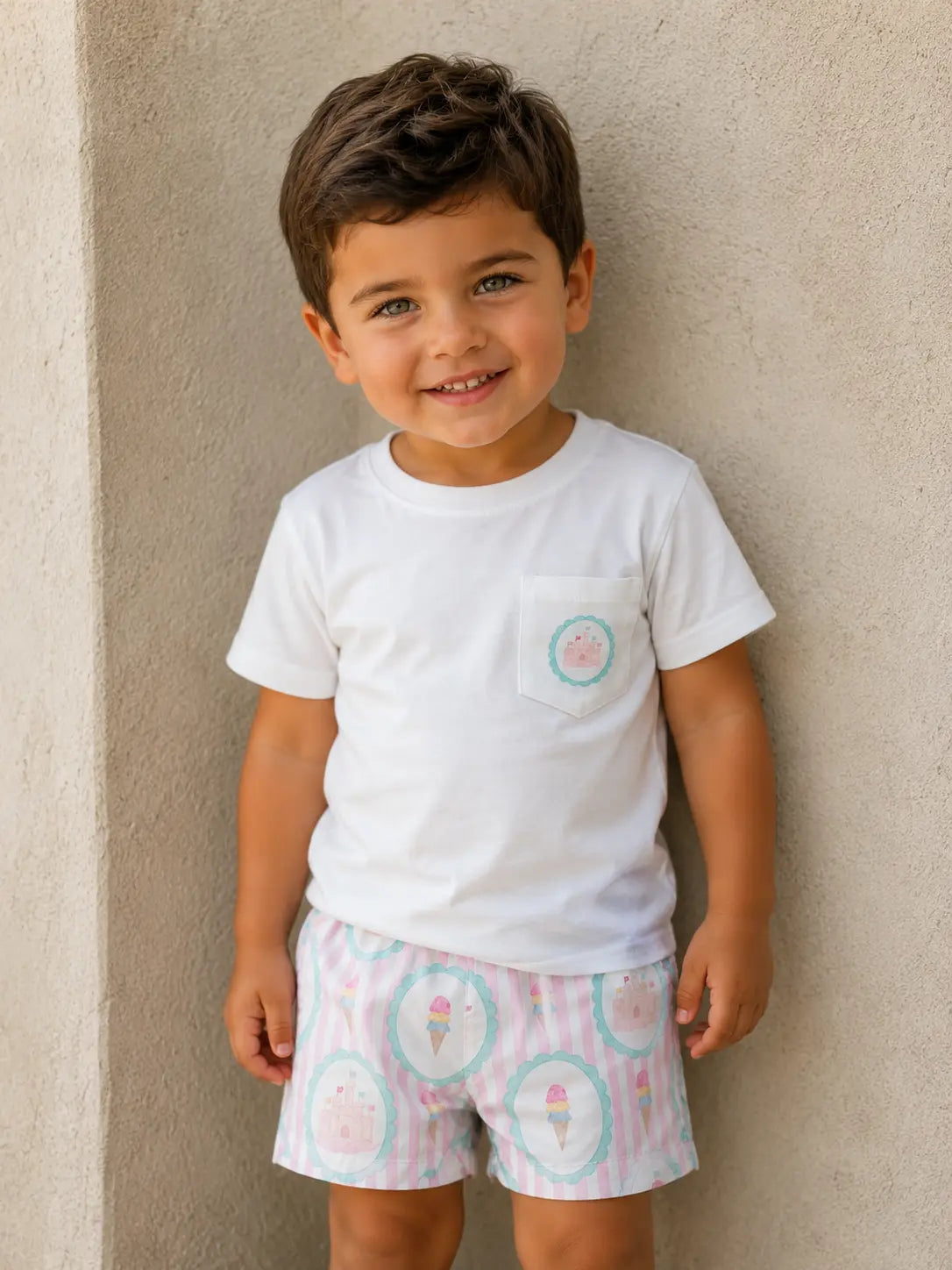 SS26 By Dot Boys Castle Stripe Swim Shorts & T Shirt By Dot Kids