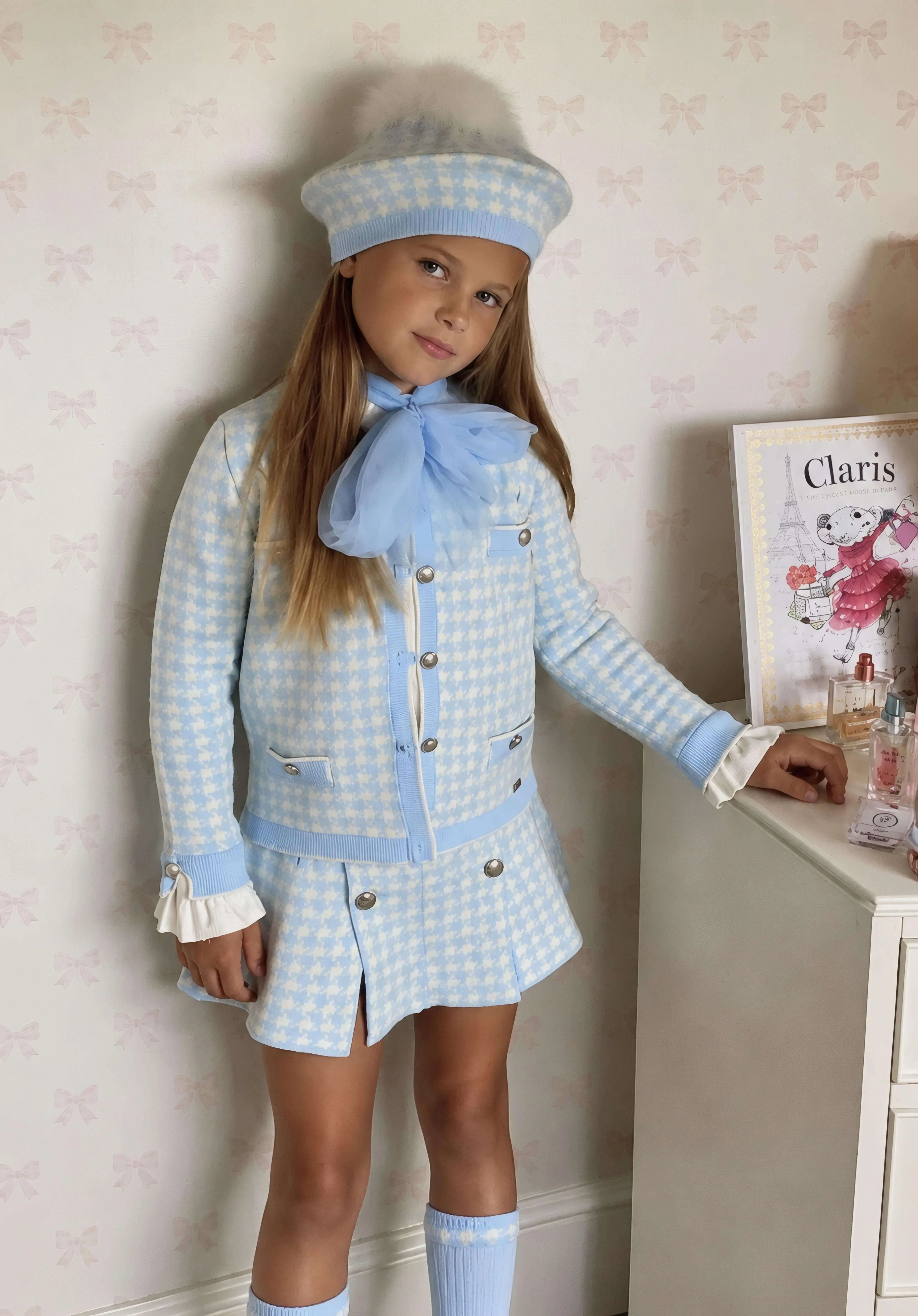 AW26 Rahigo EXCLUSIVE Baby Blue Knit Skirt Set with Cardigan, Beret & Socks Rahigo Moda Infantil