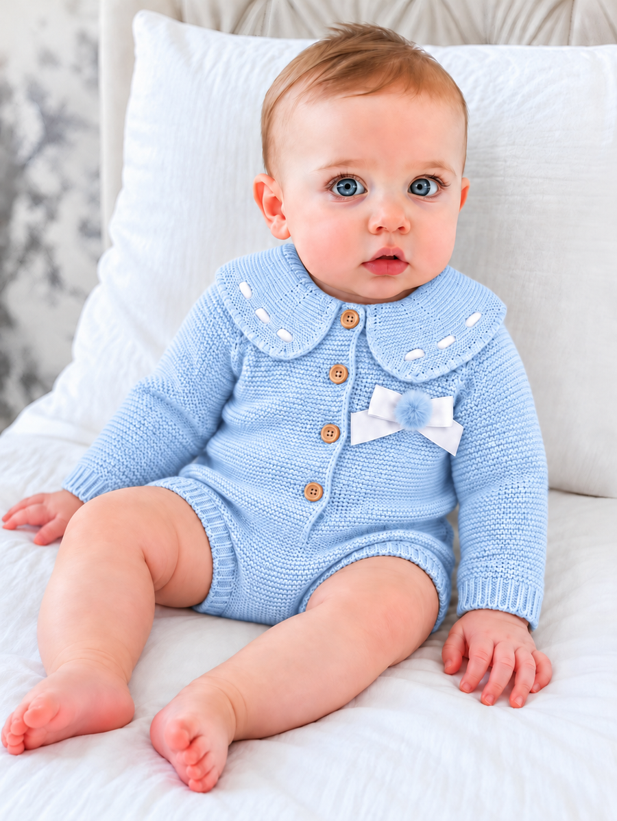 AW26 Blue Ribbon Knitted Baby Romper