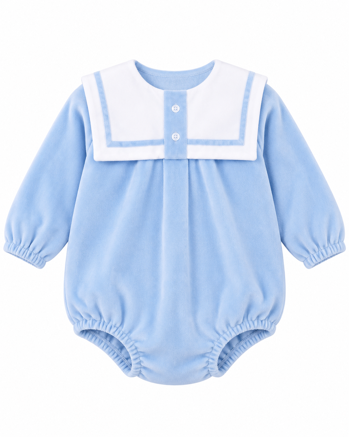 Baby boys’ baby blue velour romper with white sailor collar, blue piping, long sleeves and traditional bubble silhouette.