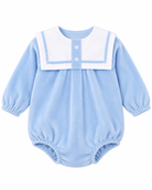 Baby boys’ baby blue velour romper with white sailor collar, blue piping, long sleeves and traditional bubble silhouette.