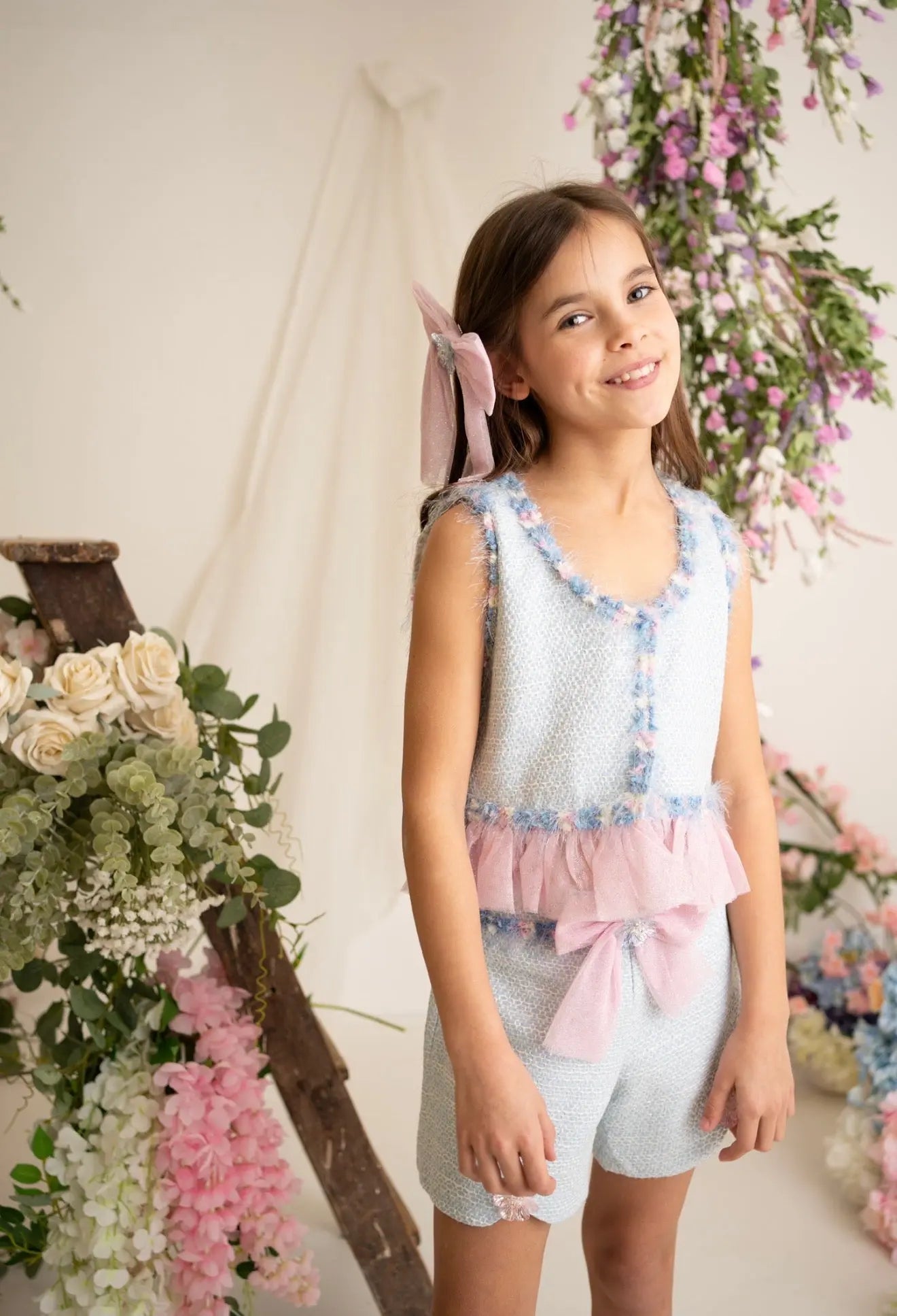 SS26 Naxos Girls Bubblegum Tweed Blouse & Short Set Naxos