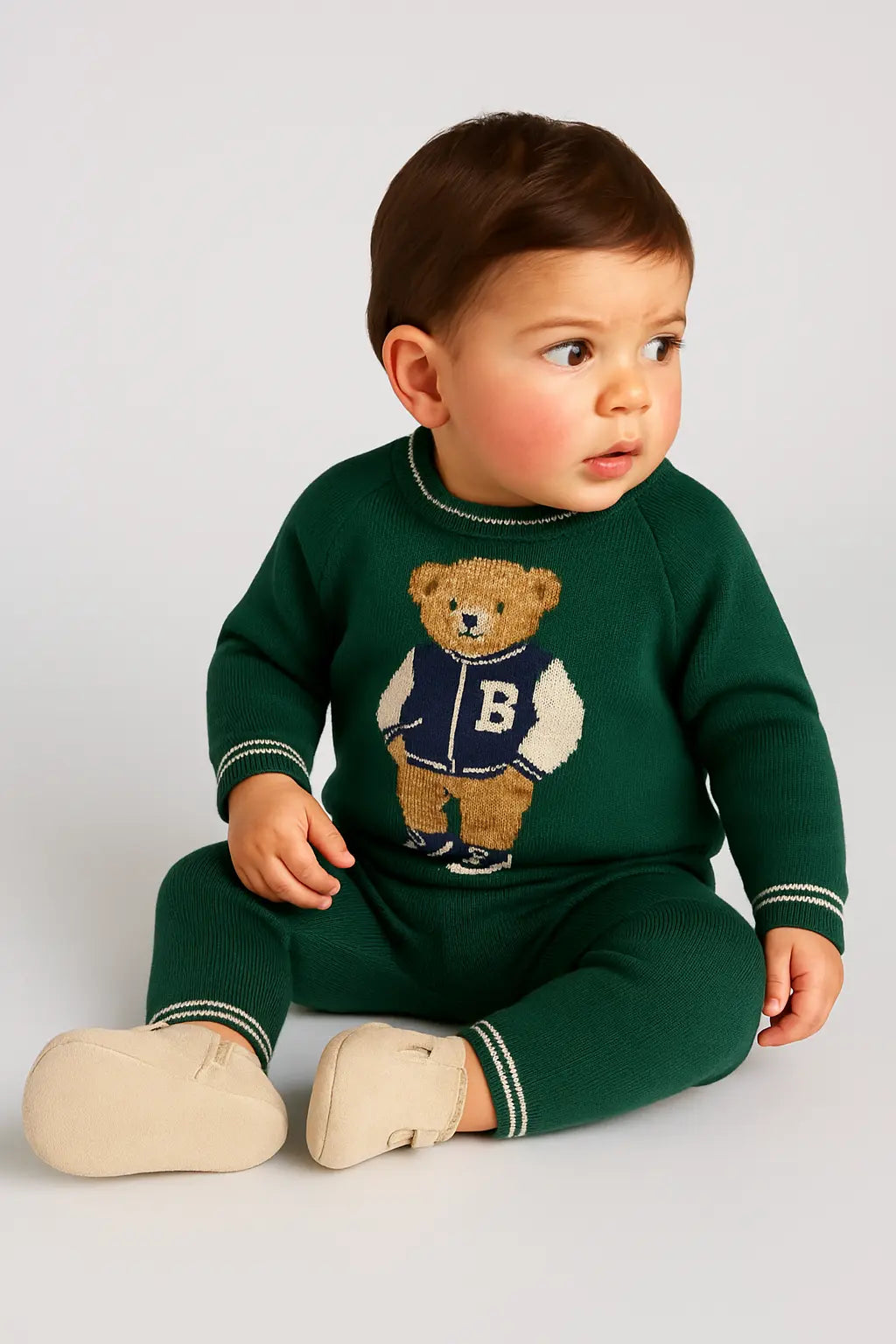 AW25 Boys Green Teddy Bear Knitted Tracksuit Dainty Delilah