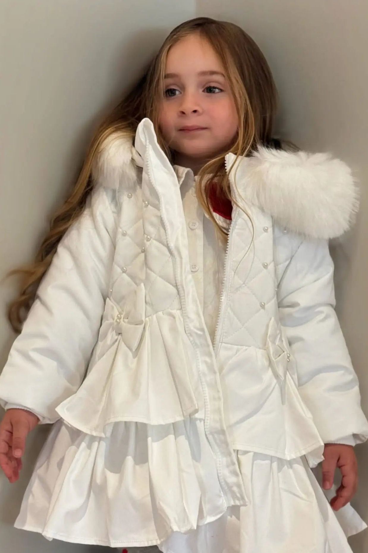 Girls White Frilly Pearl Fur Coat Dainty Delilah