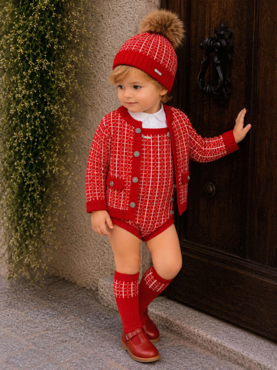 AW26 Rahigo Baby Boys Red Knitted Romper Set featuring a bright red geometric design, available in sizes 12 Months to 4 Years.