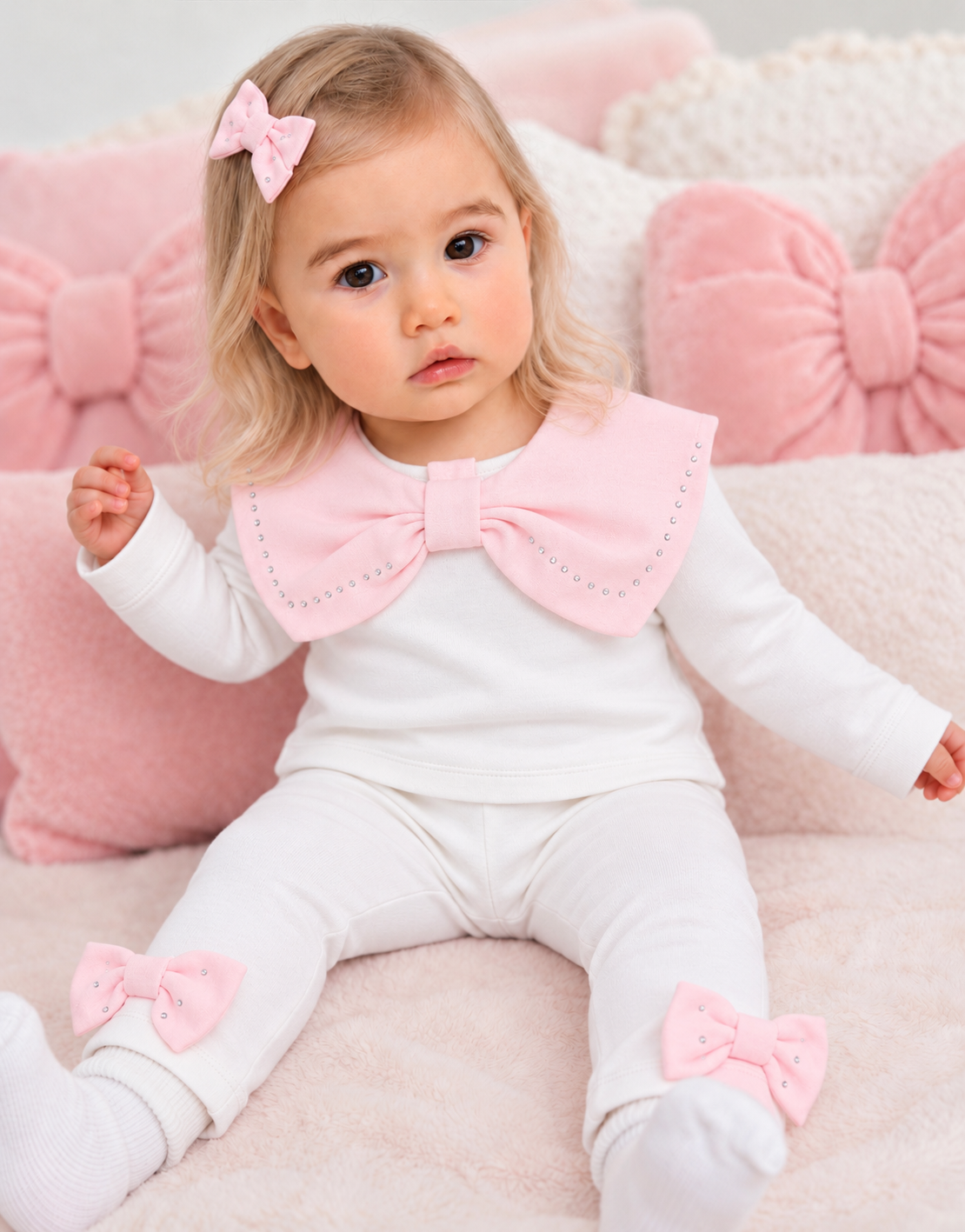 AW26 Baby Girls White & Pink Bow Legging Set