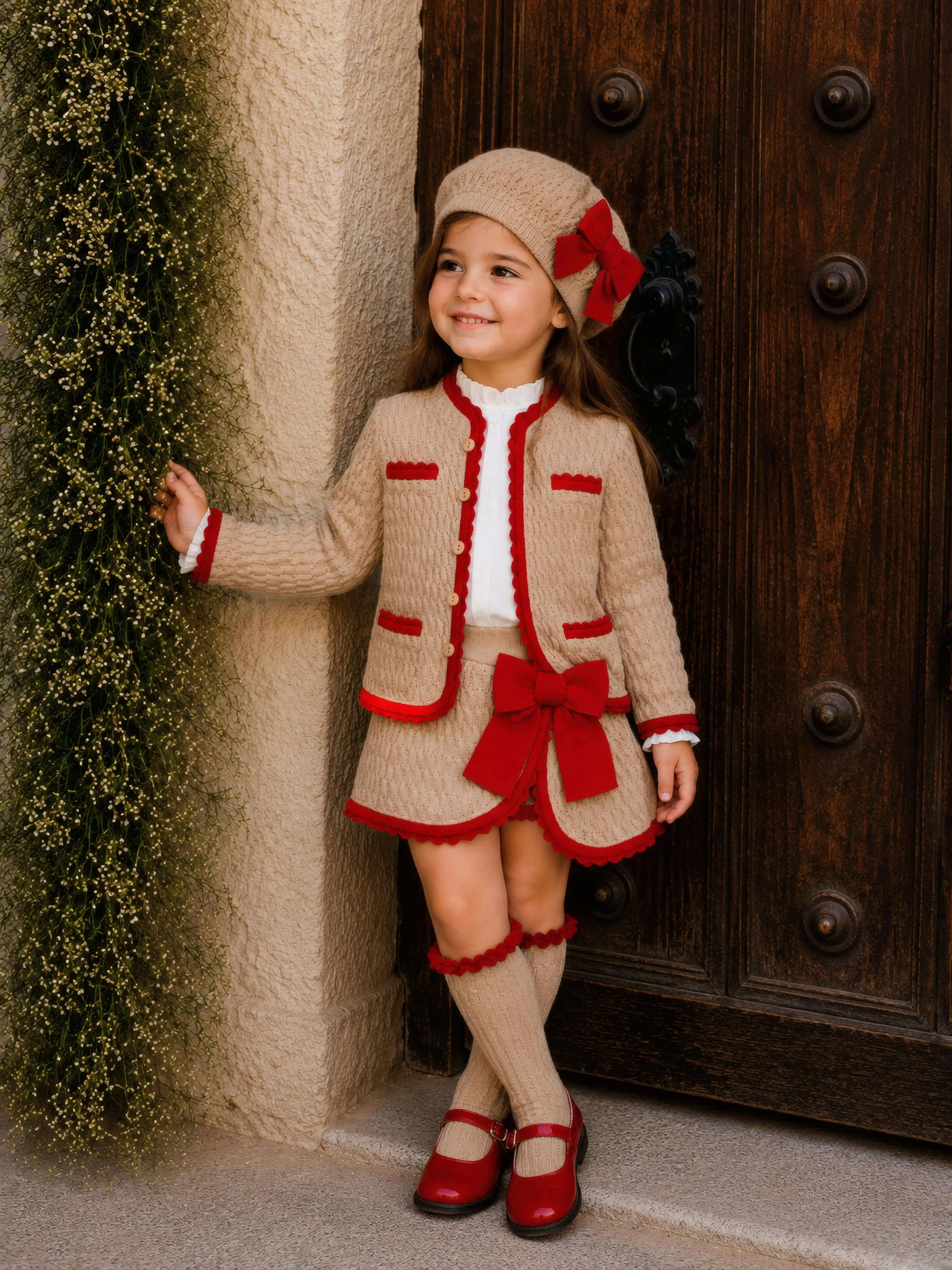 Rahigo AW26 Camel & Red Knit Skirt Set with Cardigan, Beret & Socks Rahigo Moda Infantil