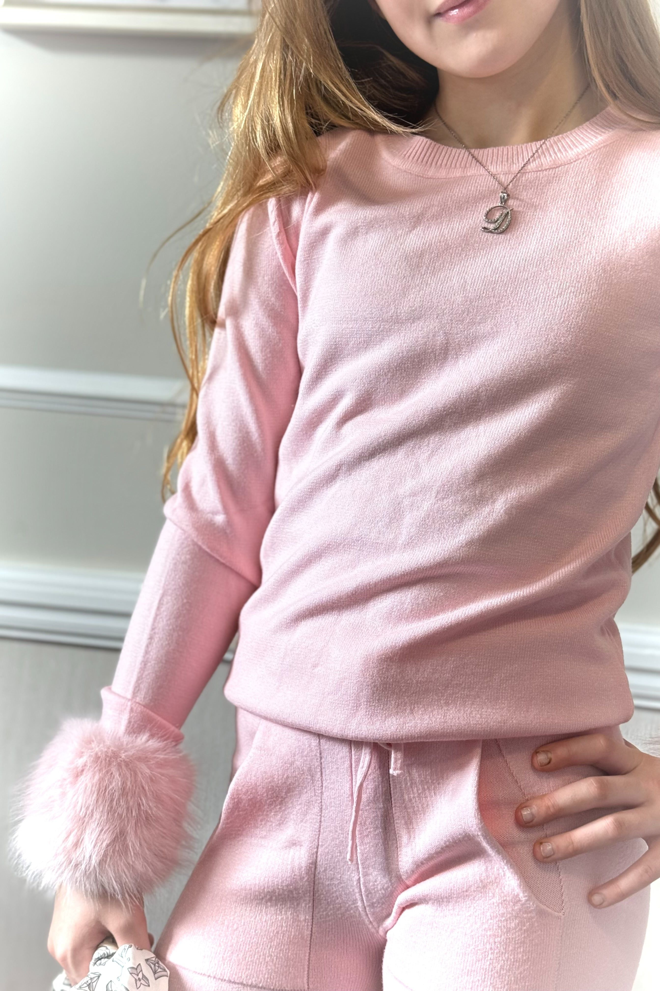 Girls Pink Fur Cuff Knitted Loungewear Set