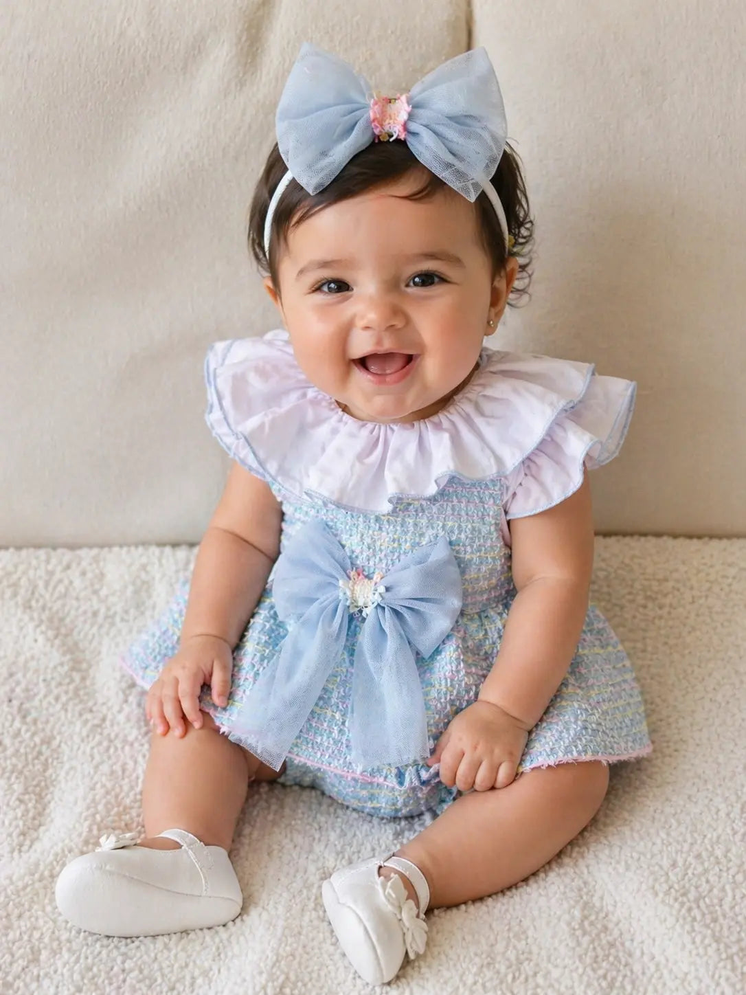 SS26 Naxos Baby Girls Blue Rainbow Shirt & H Bar Romper Naxos