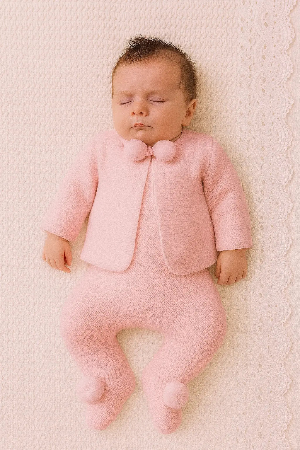 AW25 Baby Girls Pink Knitted Pompom Pram Suit Dainty Delilah
