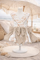 Girls Summer Beige Toile Frilly Bow Swimming Costume Dainty Delilah