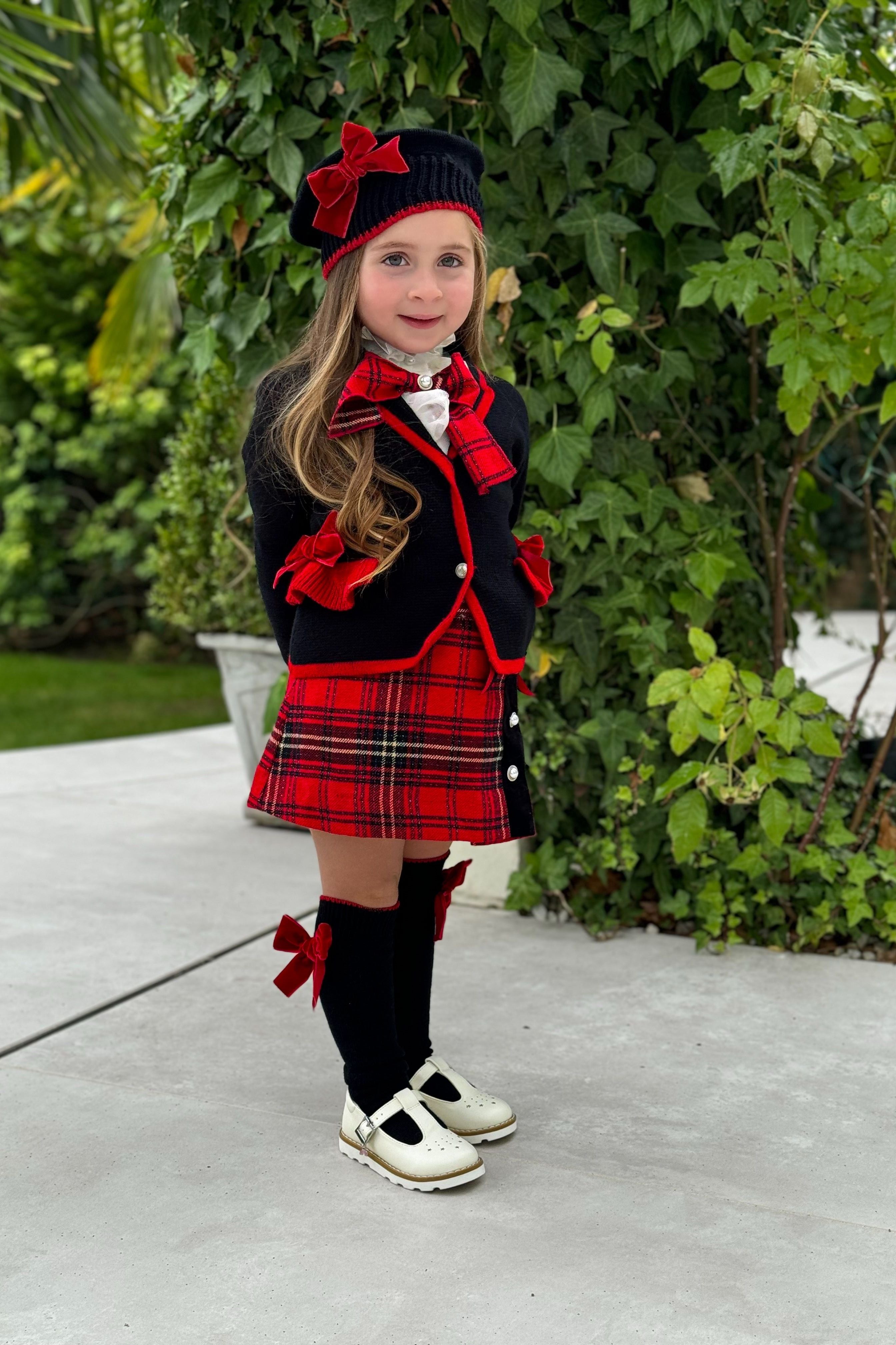 AW24 Naxos Girls Christmas Tartan Skirt Set, Knitted Blazer, Socks & Hat