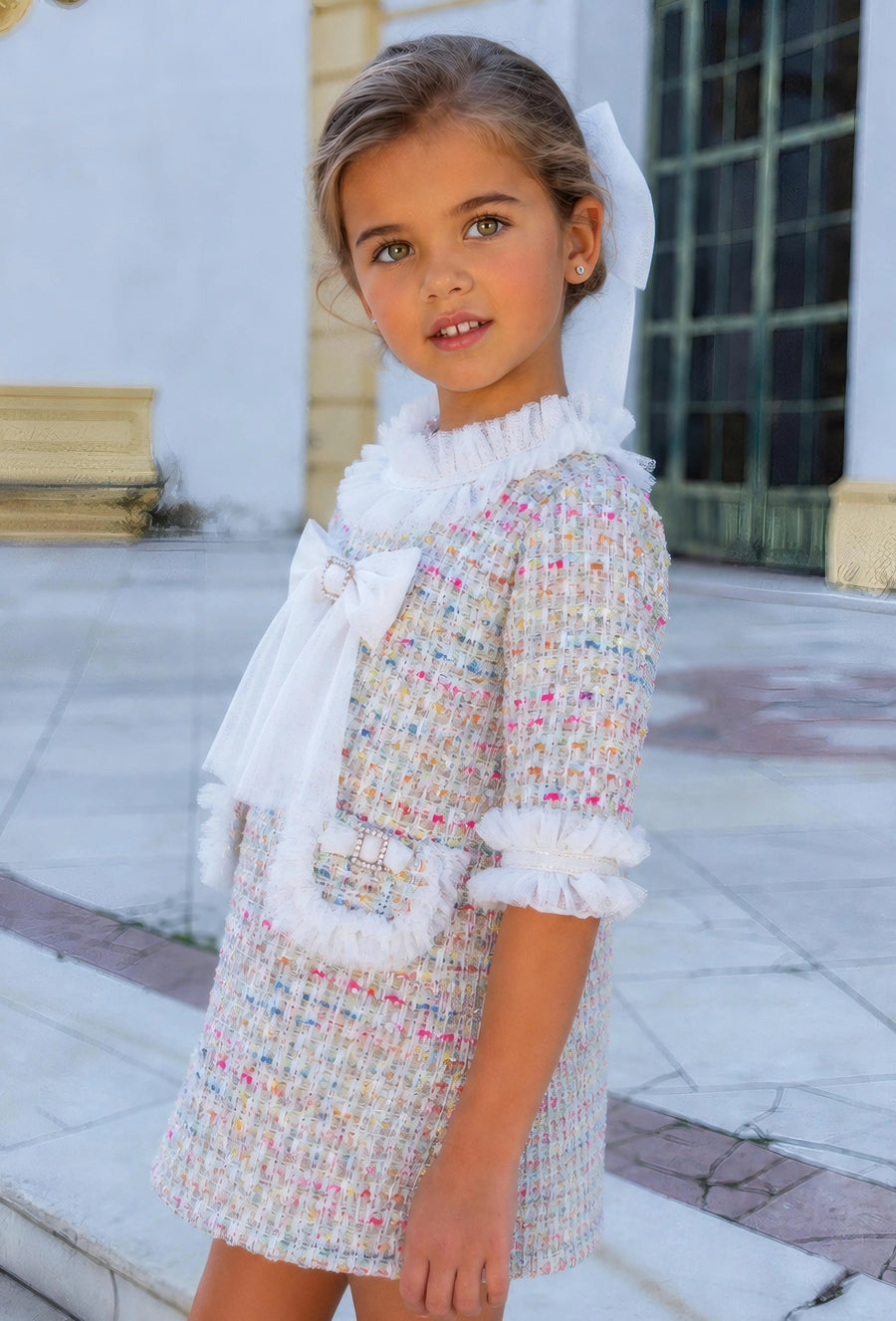 AW26 Naxos Multi Tweed Chanel A Line Dress with short sleeves and collar, available in sizes 3-12 years.