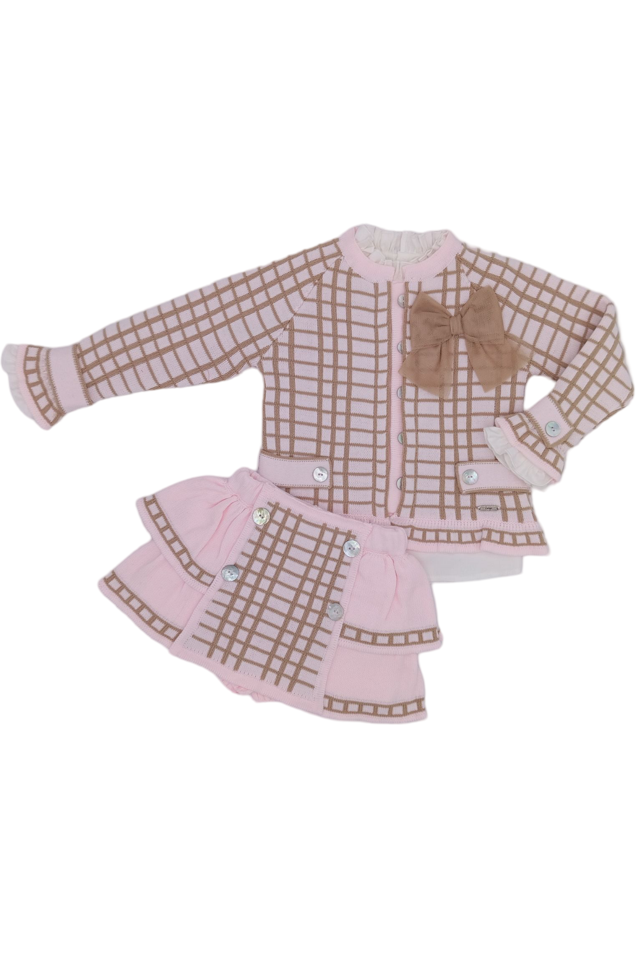 AW24 Rahigo Girls Camel & Pink Cardigan Skort Set