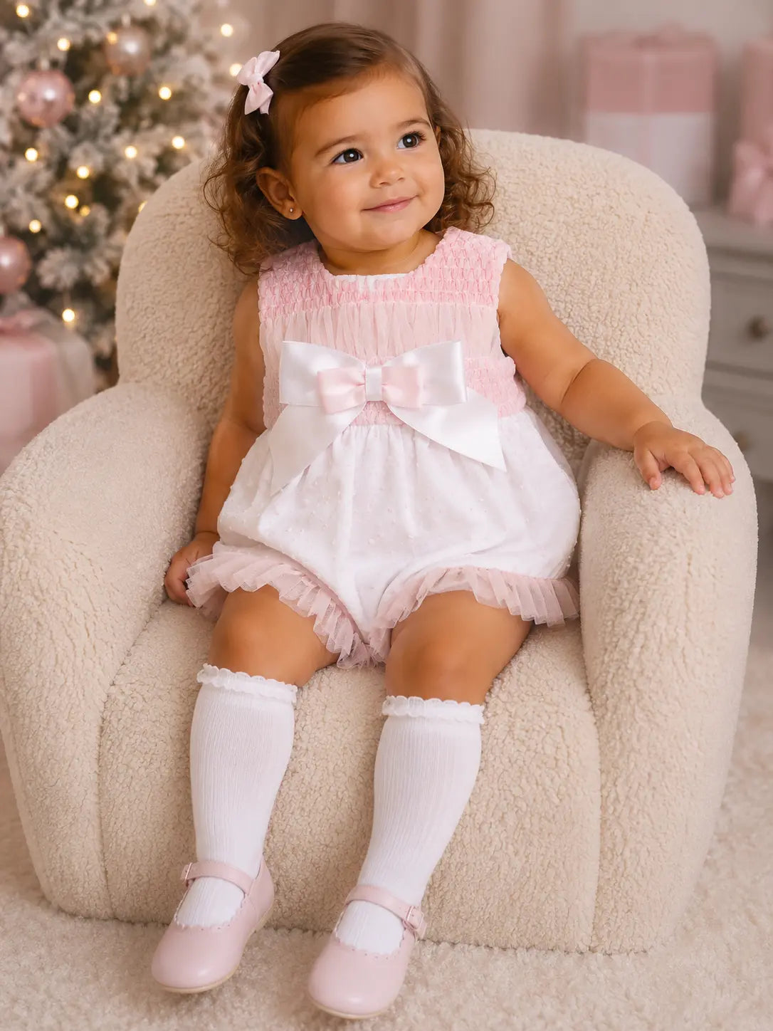 Baby Girls Smock White & Pink Summer Dress Dainty Delilah
