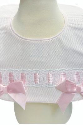 White / Pink Spanish Pique Ribbon Bib