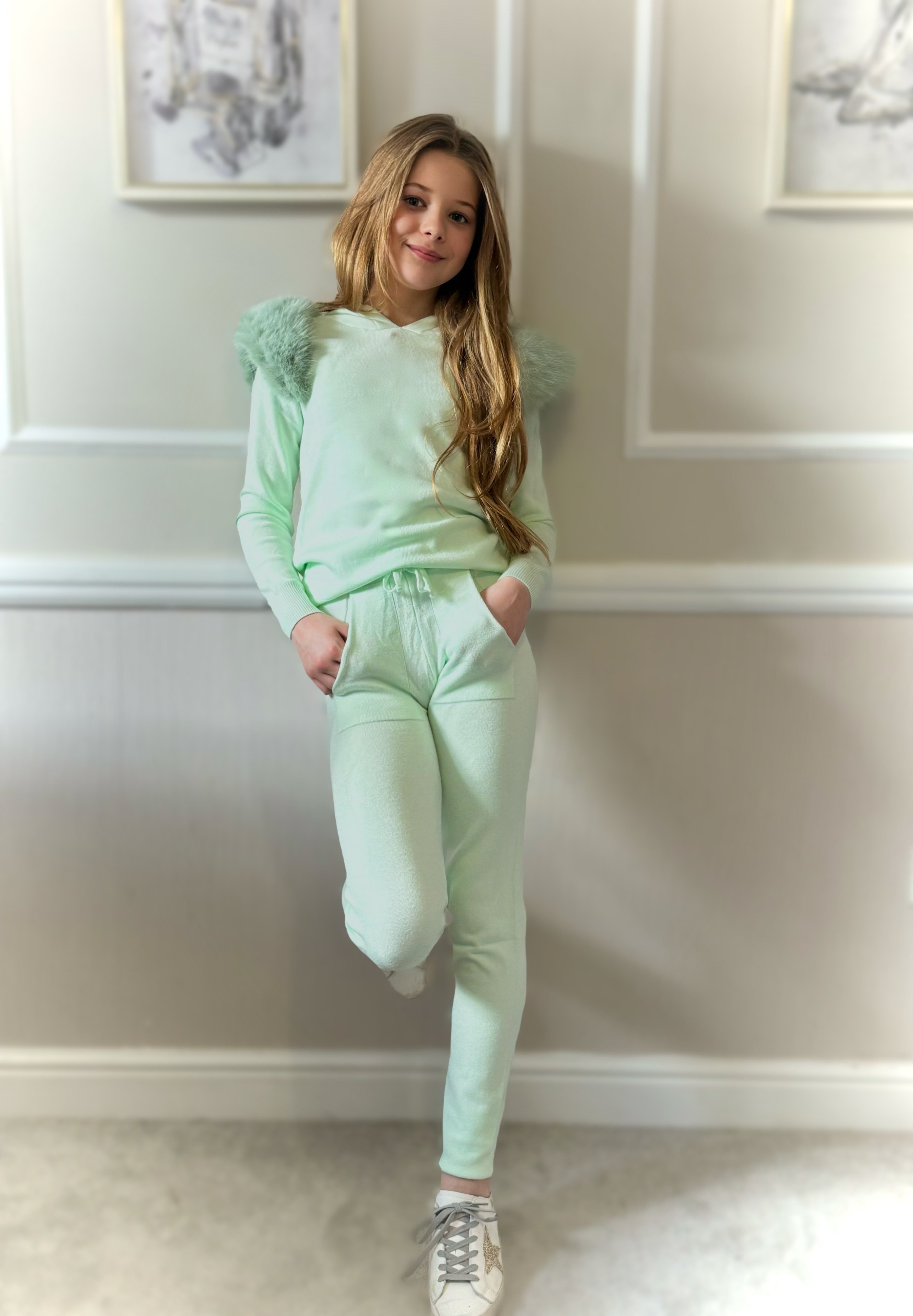 Girls Mint Fur Hooded Knitted Loungewear Set Dainty Delilah