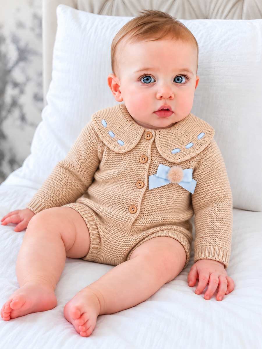 AW26 Camel & Blue Ribbon Knitted Baby Romper